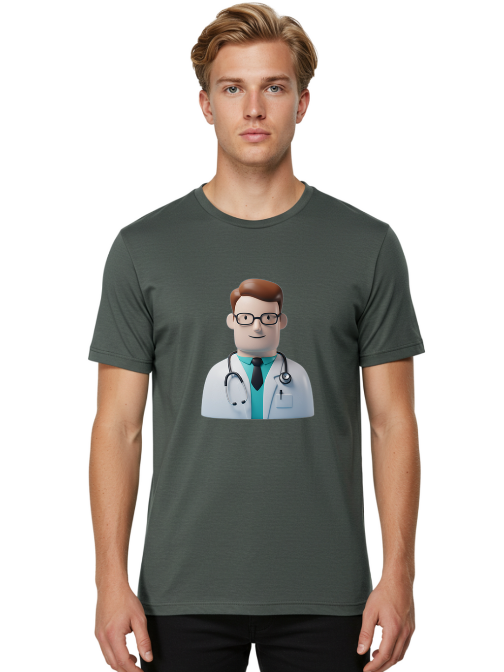 Doctor-Character-1 Men'S Graphic Tee, 100% Cotton, Comfortable Casual Summer Wear, Machine Washable, Male Doctor, White Lab Coat, Stethoscope, Black Tie, Blue Shirt, Friendly Smile, Medical Professional, Healthcare Provider, Doctor Character, Baa468