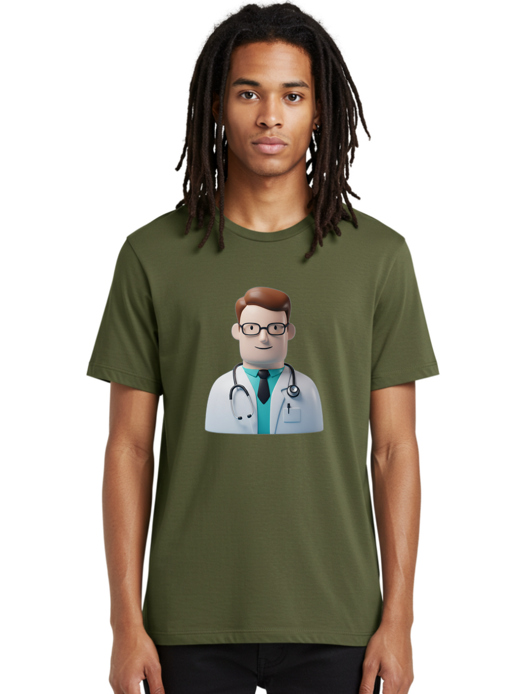 Doctor-Character-1 Men'S Graphic Tee, 100% Cotton, Comfortable Casual Summer Wear, Machine Washable, Male Doctor, White Lab Coat, Stethoscope, Black Tie, Blue Shirt, Friendly Smile, Medical Professional, Healthcare Provider, Doctor Character, Baa468