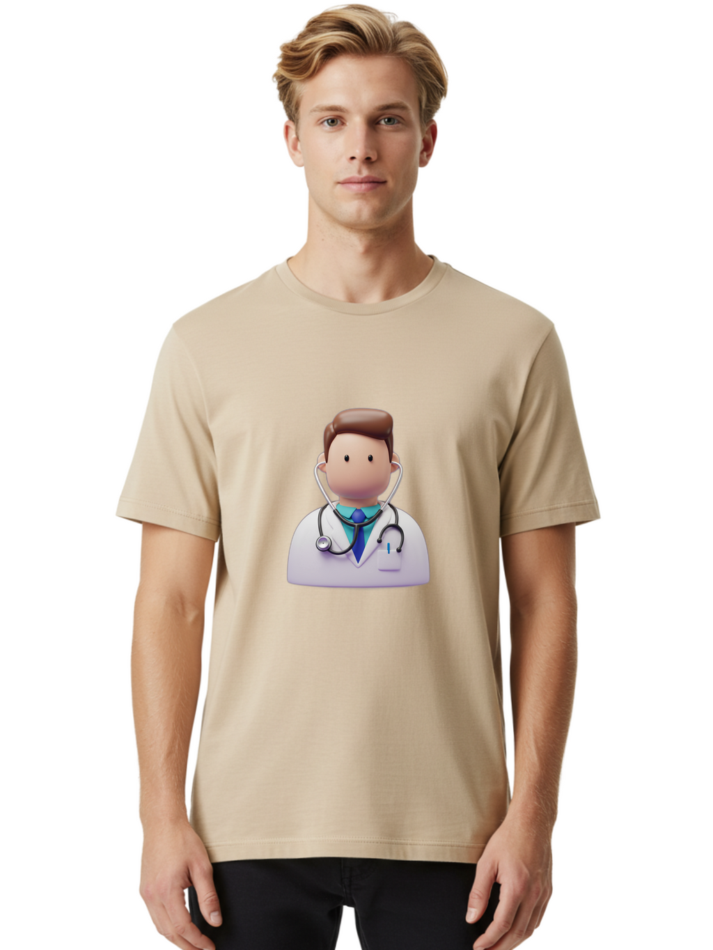 Doctor-Character-2 Men'S Graphic Tee, 100% Cotton, Comfortable Casual Summer Wear, Machine Washable, Cartoon Doctor, Medical Professional, Stethoscope, White Coat, Blue Tie, Health Care, Medical Illustration, 3D Character, Healthcare Worker, Baa469