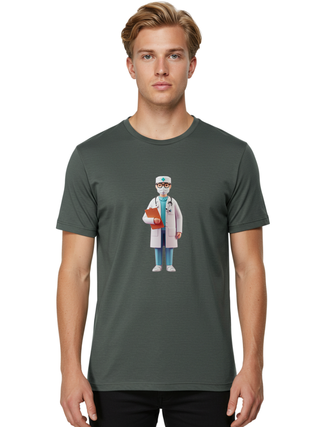 Doctor-Character-3 Men'S Graphic Tee, 100% Cotton, Comfortable Casual Summer Wear, Machine Washable, Male Doctor, Medical Professional, Healthcare Worker, White Lab Coat, Stethoscope, Clipboard, Face Mask, Medical Cap, Blue Scrubs, Baa470