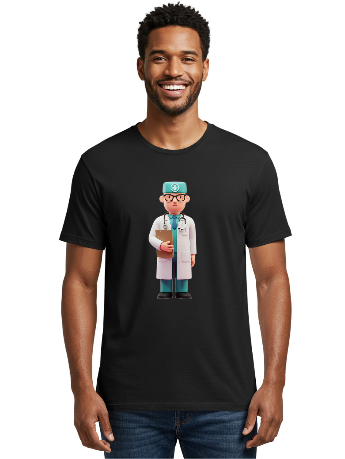 Doctor-Character-4 Men'S Graphic Tee, 100% Cotton, Comfortable Casual Summer Wear, Machine Washable, Cartoon Doctor, Medical Professional, White Coat, Stethoscope, Clipboard, Healthcare Worker, Medical Illustration, 3D Character, Baa471