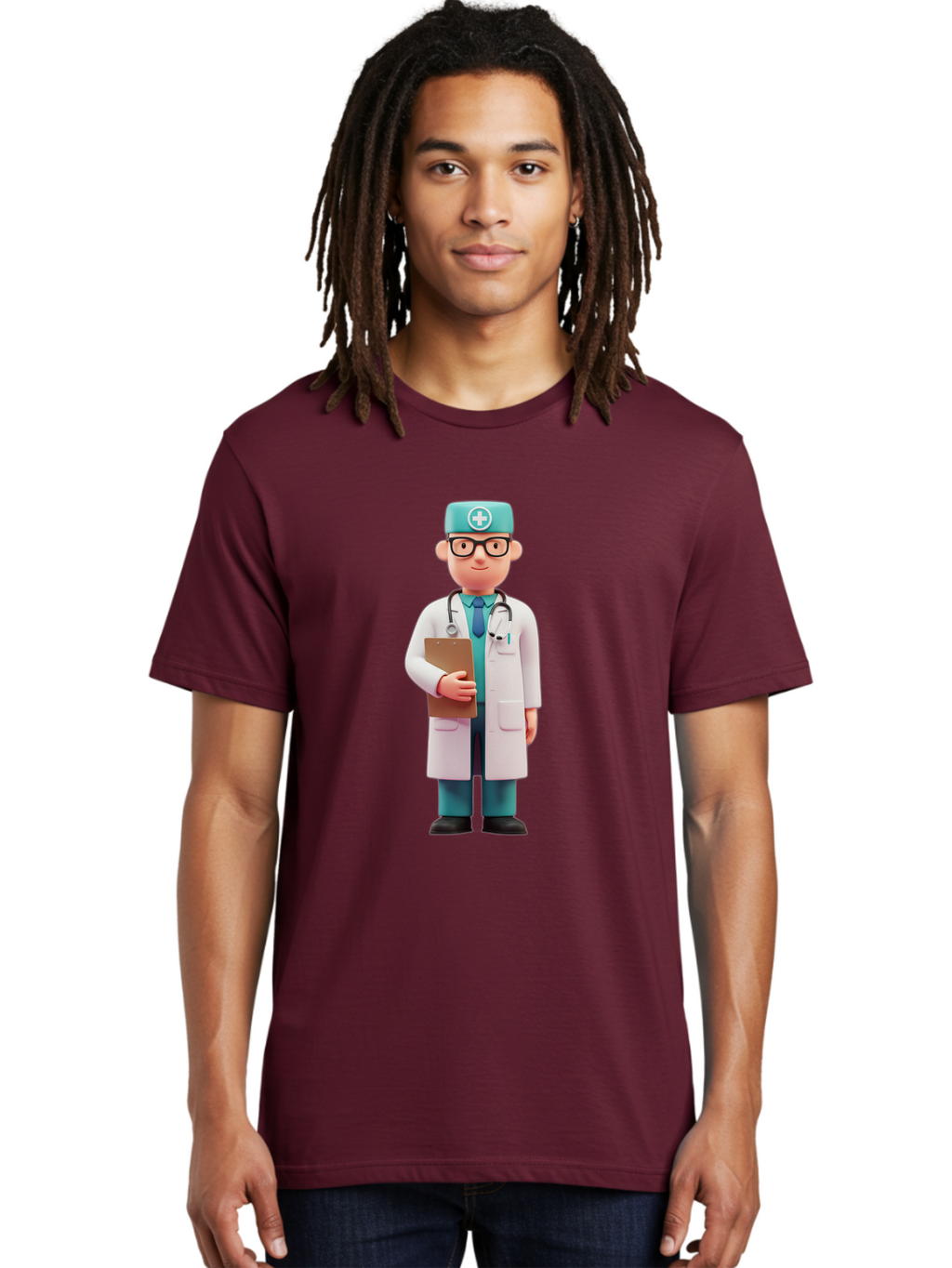 Doctor-Character-4 Men'S Graphic Tee, 100% Cotton, Comfortable Casual Summer Wear, Machine Washable, Cartoon Doctor, Medical Professional, White Coat, Stethoscope, Clipboard, Healthcare Worker, Medical Illustration, 3D Character, Baa471