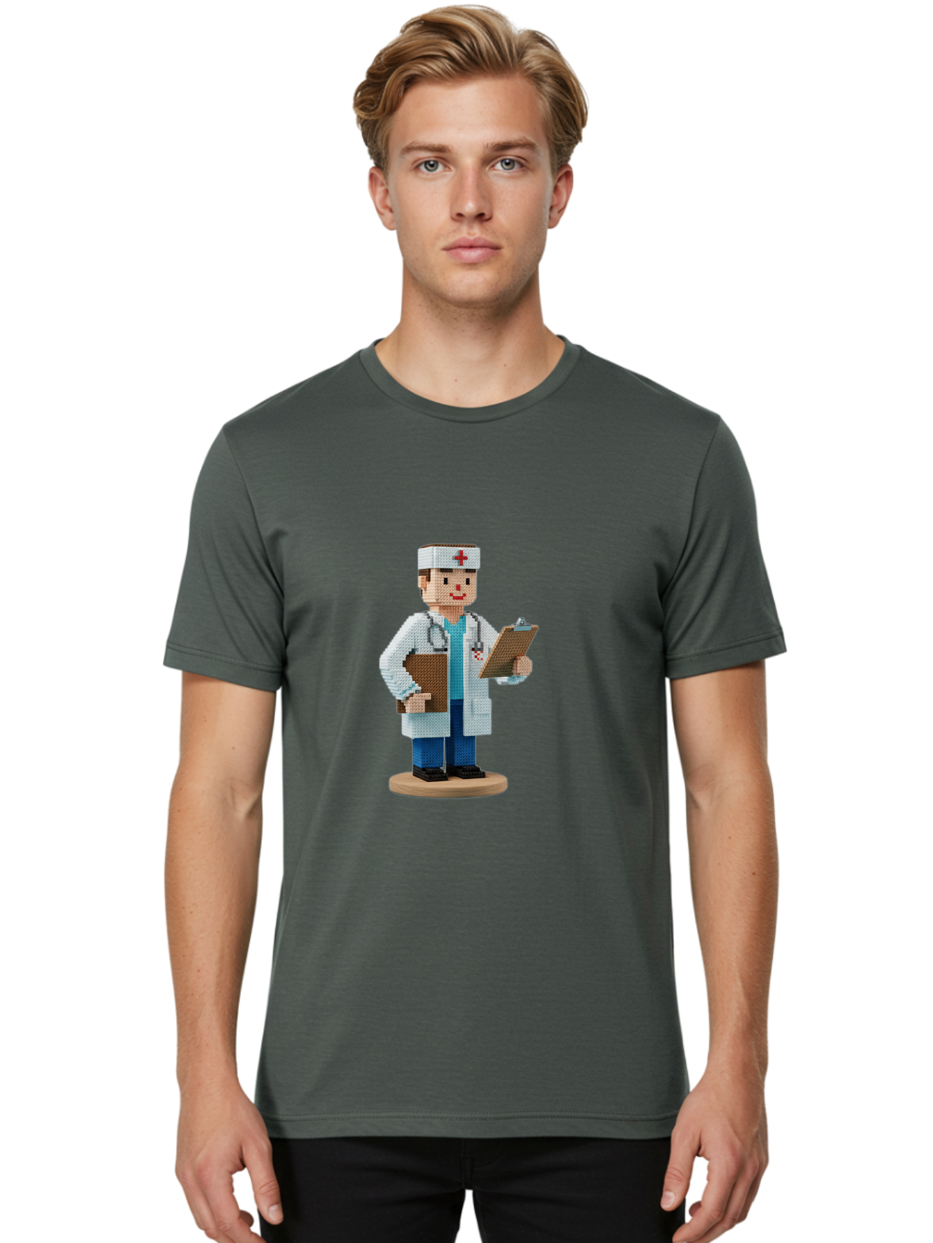 Doctor-Pixel-Art Men'S Graphic Tee, 100% Cotton, Comfortable Casual Summer Wear, Machine Washable, Pixel Art Doctor, Medical Professional, Healthcare Worker, White Coat, Stethoscope, Clipboard, Medical Records, Healthcare Services, Baa475