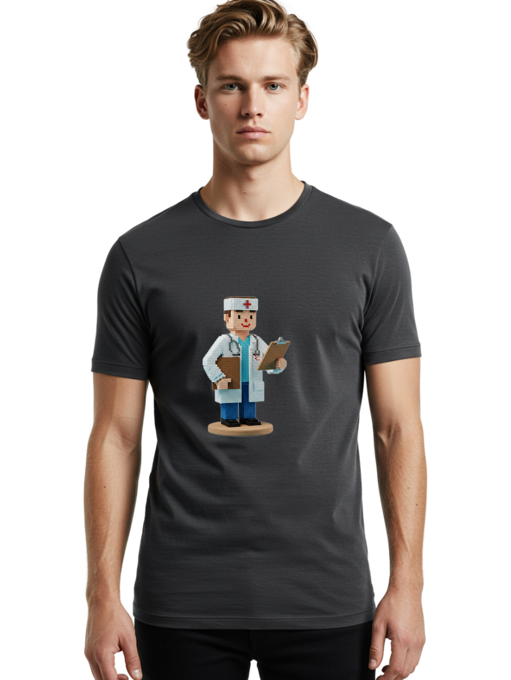 Doctor-Pixel-Art Men'S Graphic Tee, 100% Cotton, Comfortable Casual Summer Wear, Machine Washable, Pixel Art Doctor, Medical Professional, Healthcare Worker, White Coat, Stethoscope, Clipboard, Medical Records, Healthcare Services, Baa475