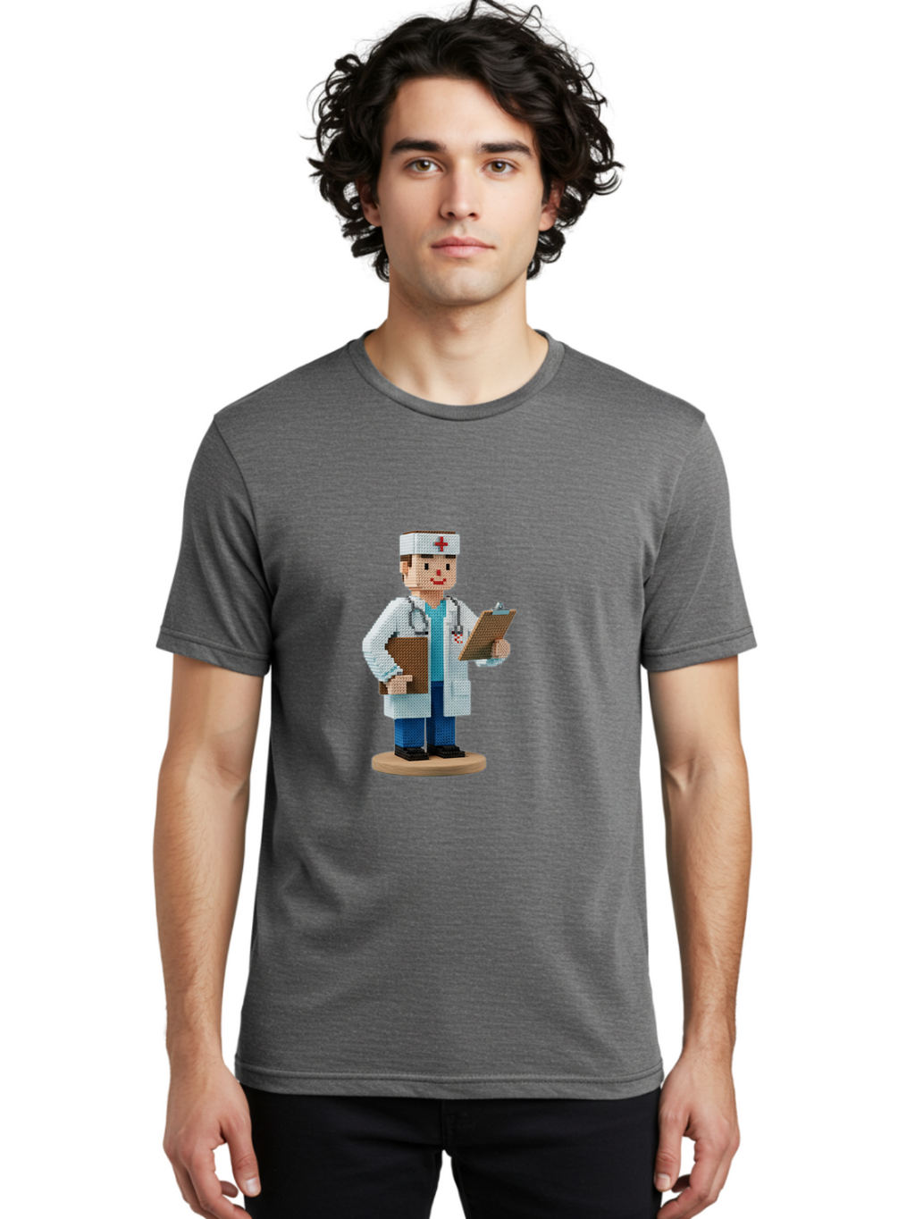 Doctor-Pixel-Art Men'S Graphic Tee, 100% Cotton, Comfortable Casual Summer Wear, Machine Washable, Pixel Art Doctor, Medical Professional, Healthcare Worker, White Coat, Stethoscope, Clipboard, Medical Records, Healthcare Services, Baa475