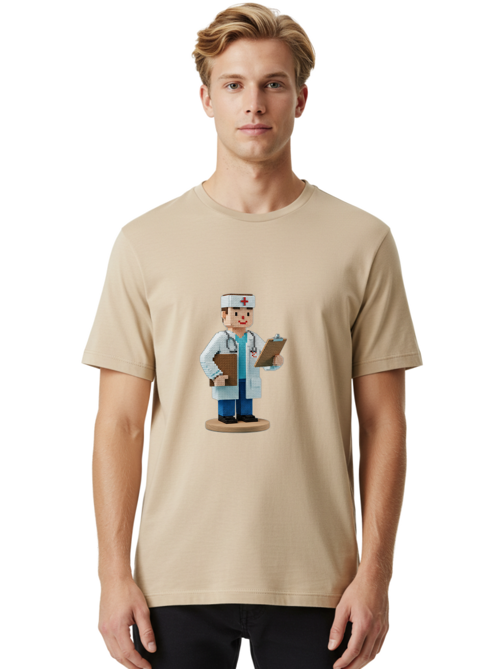 Doctor-Pixel-Art Men'S Graphic Tee, 100% Cotton, Comfortable Casual Summer Wear, Machine Washable, Pixel Art Doctor, Medical Professional, Healthcare Worker, White Coat, Stethoscope, Clipboard, Medical Records, Healthcare Services, Baa475