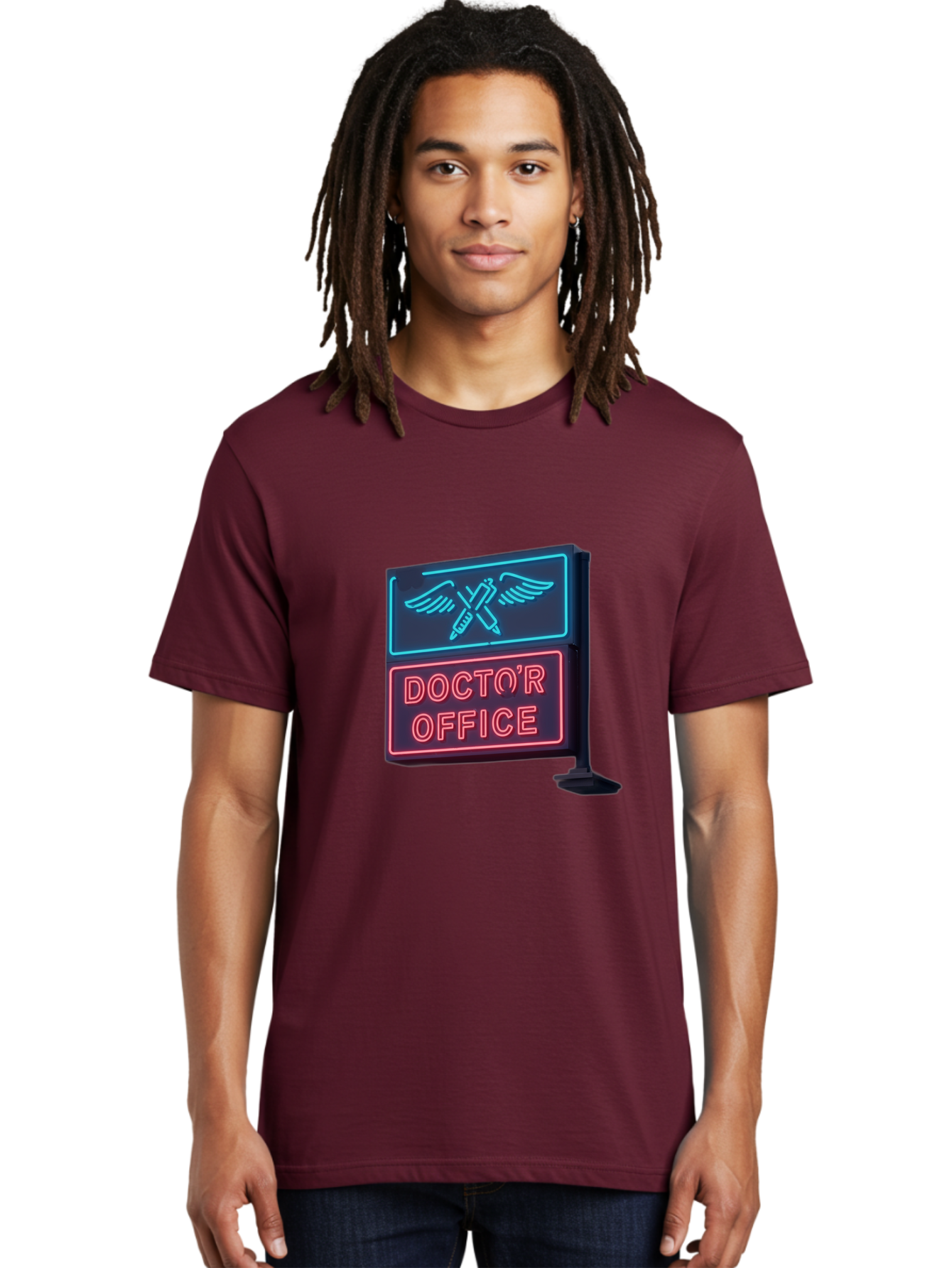 Doctor-S-Office-Neon-Sign Men'S Graphic Tee, 100% Cotton, Comfortable Casual Summer Wear, Machine Washable, Neon Sign, Doctor'S Office Sign, Medical Symbol, Crossed Syringes, Winged Design, Clinic Signage, Medical Office Decor, Baa481