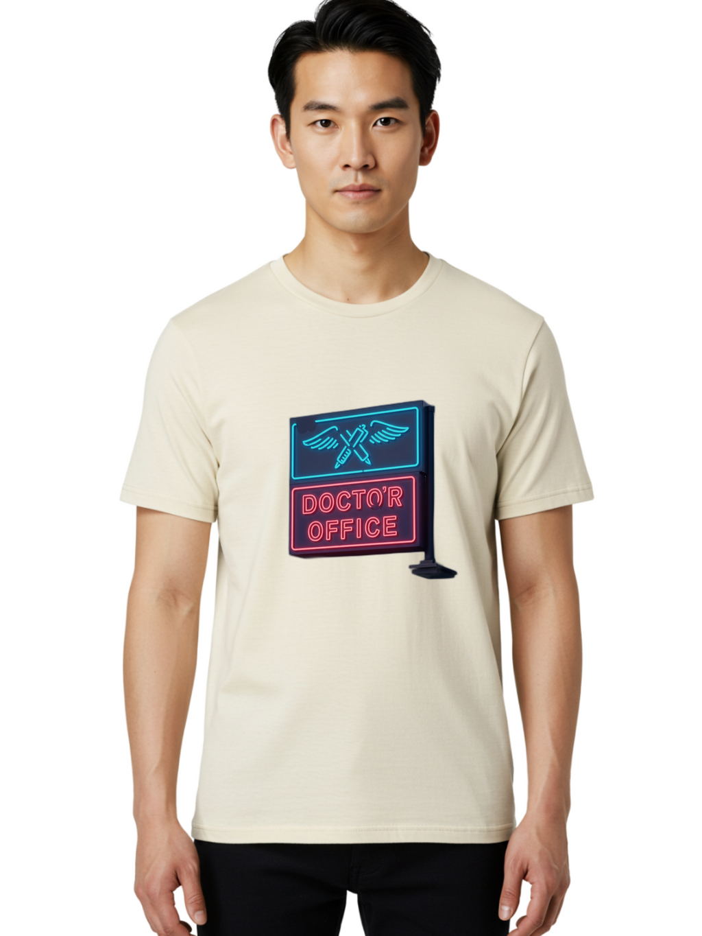 Doctor-S-Office-Neon-Sign Men'S Graphic Tee, 100% Cotton, Comfortable Casual Summer Wear, Machine Washable, Neon Sign, Doctor'S Office Sign, Medical Symbol, Crossed Syringes, Winged Design, Clinic Signage, Medical Office Decor, Baa481