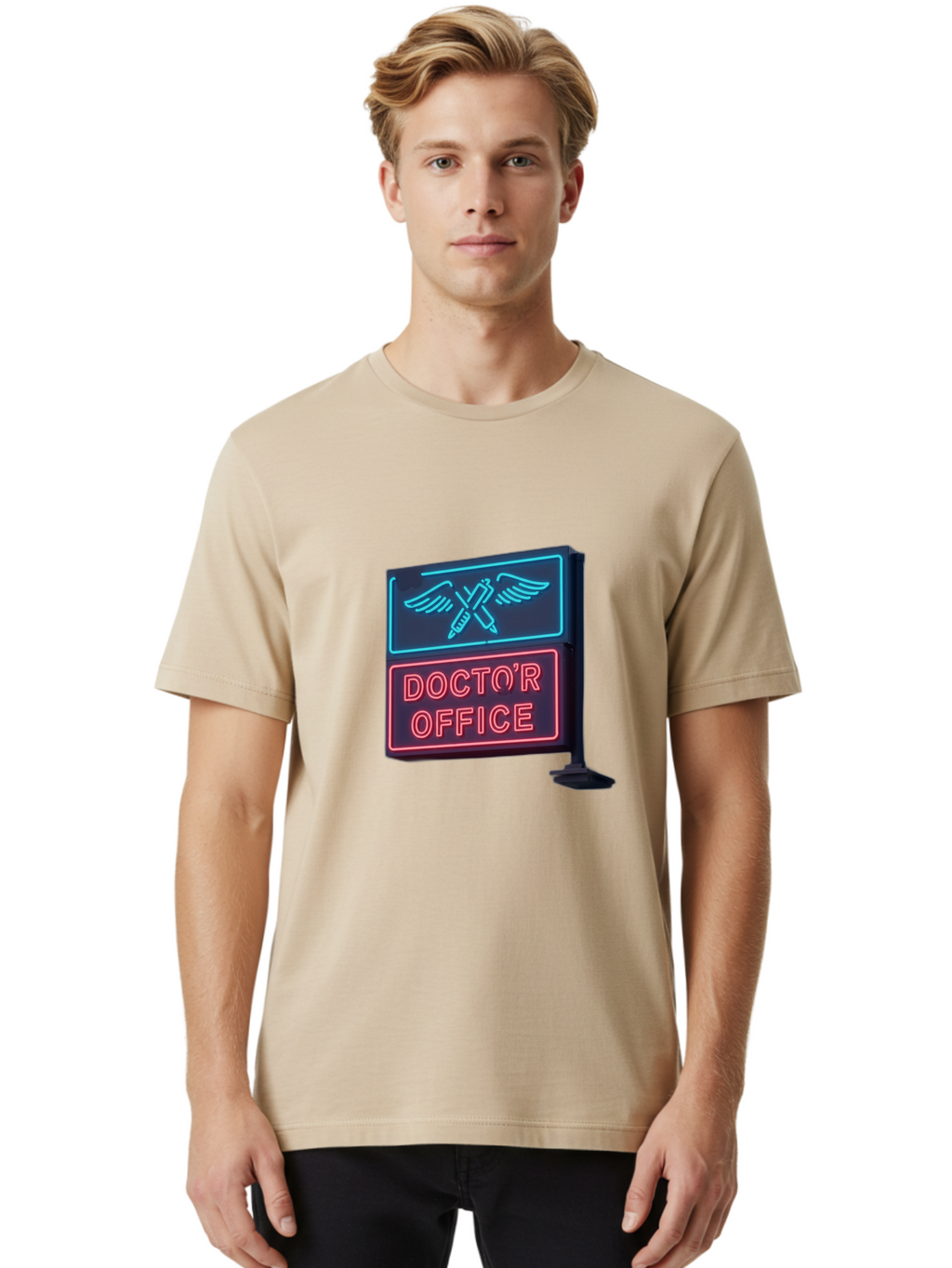 Doctor-S-Office-Neon-Sign Men'S Graphic Tee, 100% Cotton, Comfortable Casual Summer Wear, Machine Washable, Neon Sign, Doctor'S Office Sign, Medical Symbol, Crossed Syringes, Winged Design, Clinic Signage, Medical Office Decor, Baa481