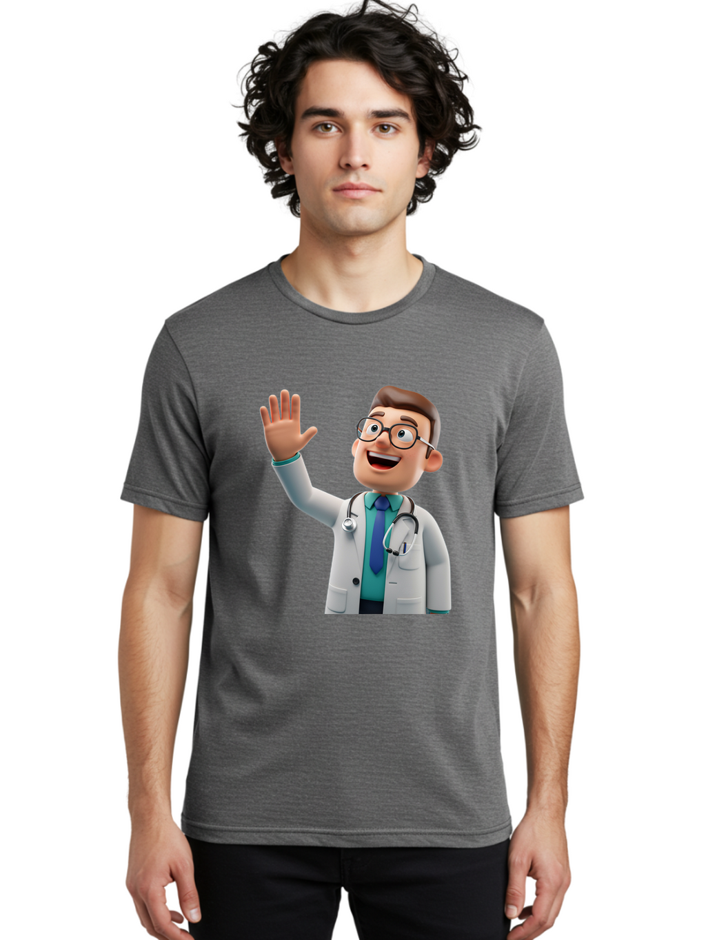 Doctor-Waving-1 Men'S Graphic Tee, 100% Cotton, Comfortable Casual Summer Wear, Machine Washable, Cartoon Doctor, Waving Hand, Friendly Gesture, Medical Professional, Stethoscope Around Neck, White Lab Coat, Blue Tie, Smiling Face, Baa484