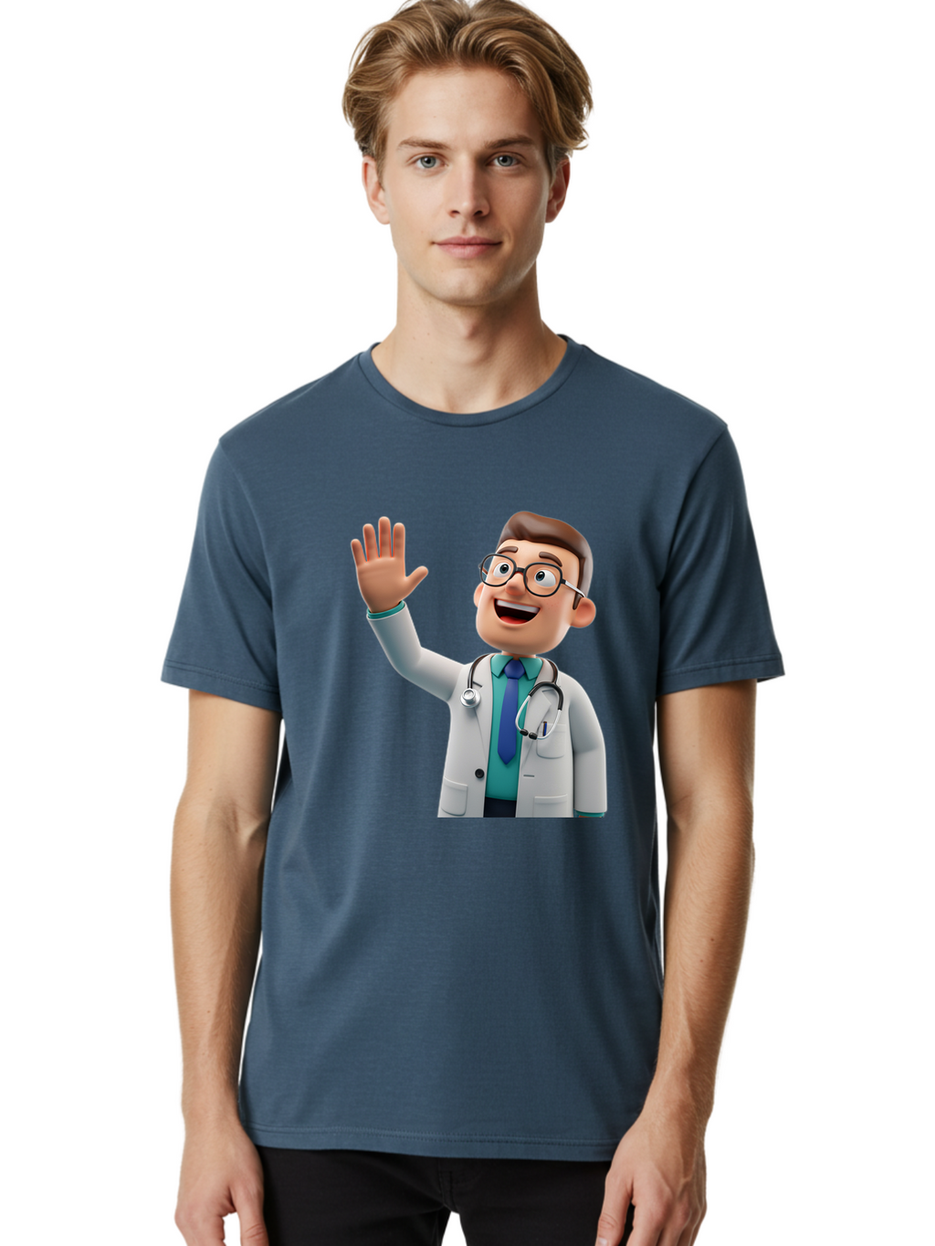 Doctor-Waving-1 Men'S Graphic Tee, 100% Cotton, Comfortable Casual Summer Wear, Machine Washable, Cartoon Doctor, Waving Hand, Friendly Gesture, Medical Professional, Stethoscope Around Neck, White Lab Coat, Blue Tie, Smiling Face, Baa484