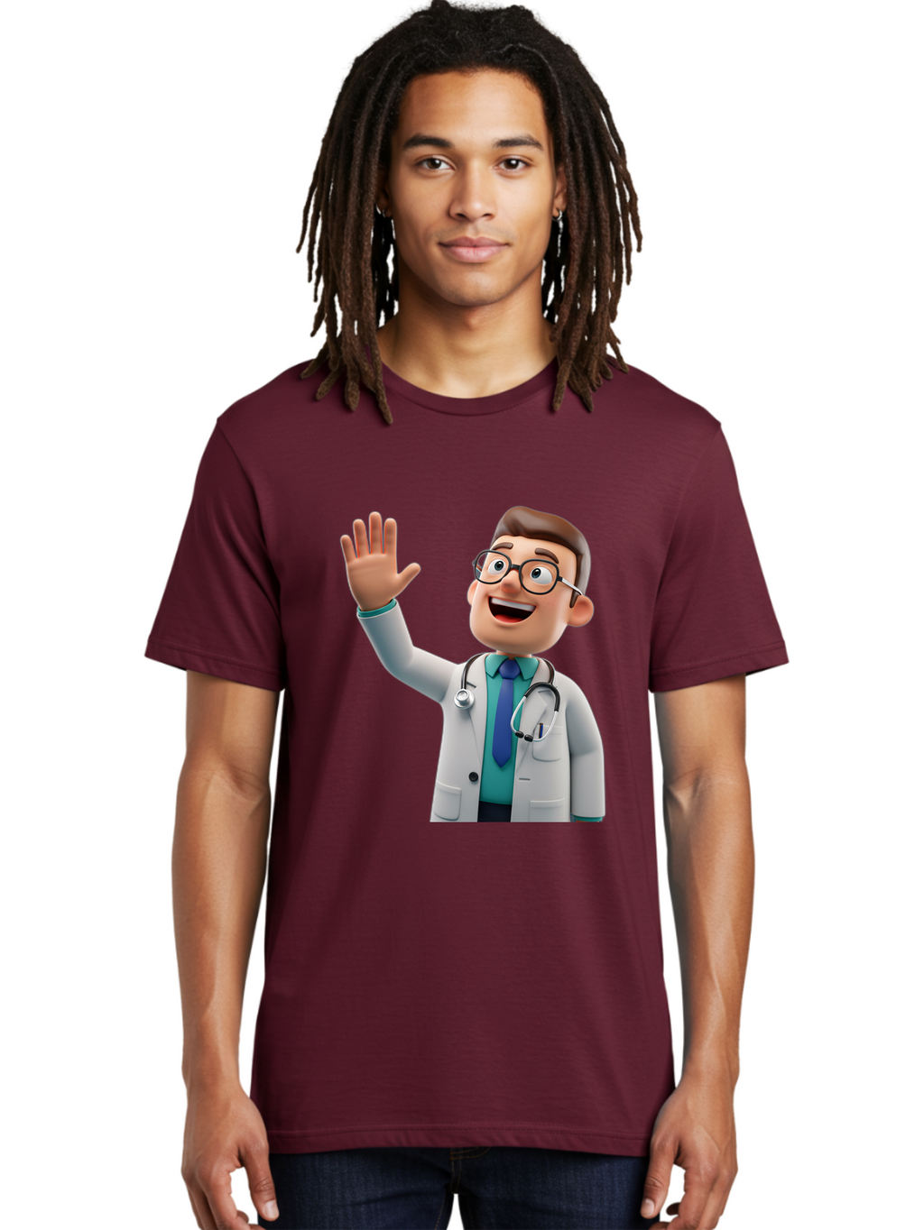 Doctor-Waving-1 Men'S Graphic Tee, 100% Cotton, Comfortable Casual Summer Wear, Machine Washable, Cartoon Doctor, Waving Hand, Friendly Gesture, Medical Professional, Stethoscope Around Neck, White Lab Coat, Blue Tie, Smiling Face, Baa484