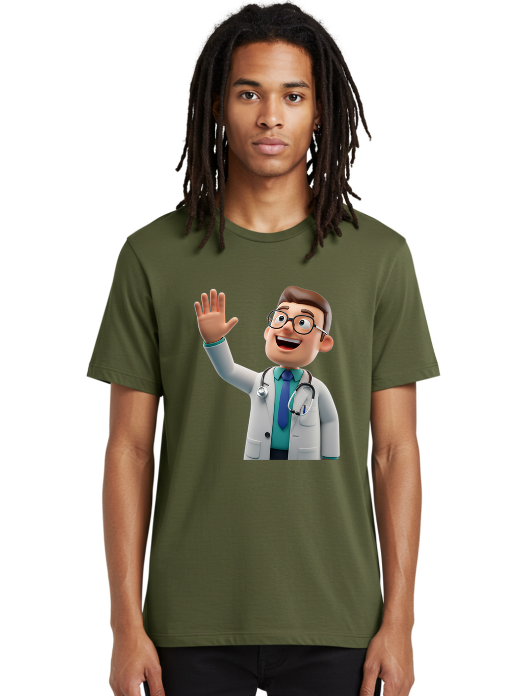 Doctor-Waving-1 Men'S Graphic Tee, 100% Cotton, Comfortable Casual Summer Wear, Machine Washable, Cartoon Doctor, Waving Hand, Friendly Gesture, Medical Professional, Stethoscope Around Neck, White Lab Coat, Blue Tie, Smiling Face, Baa484