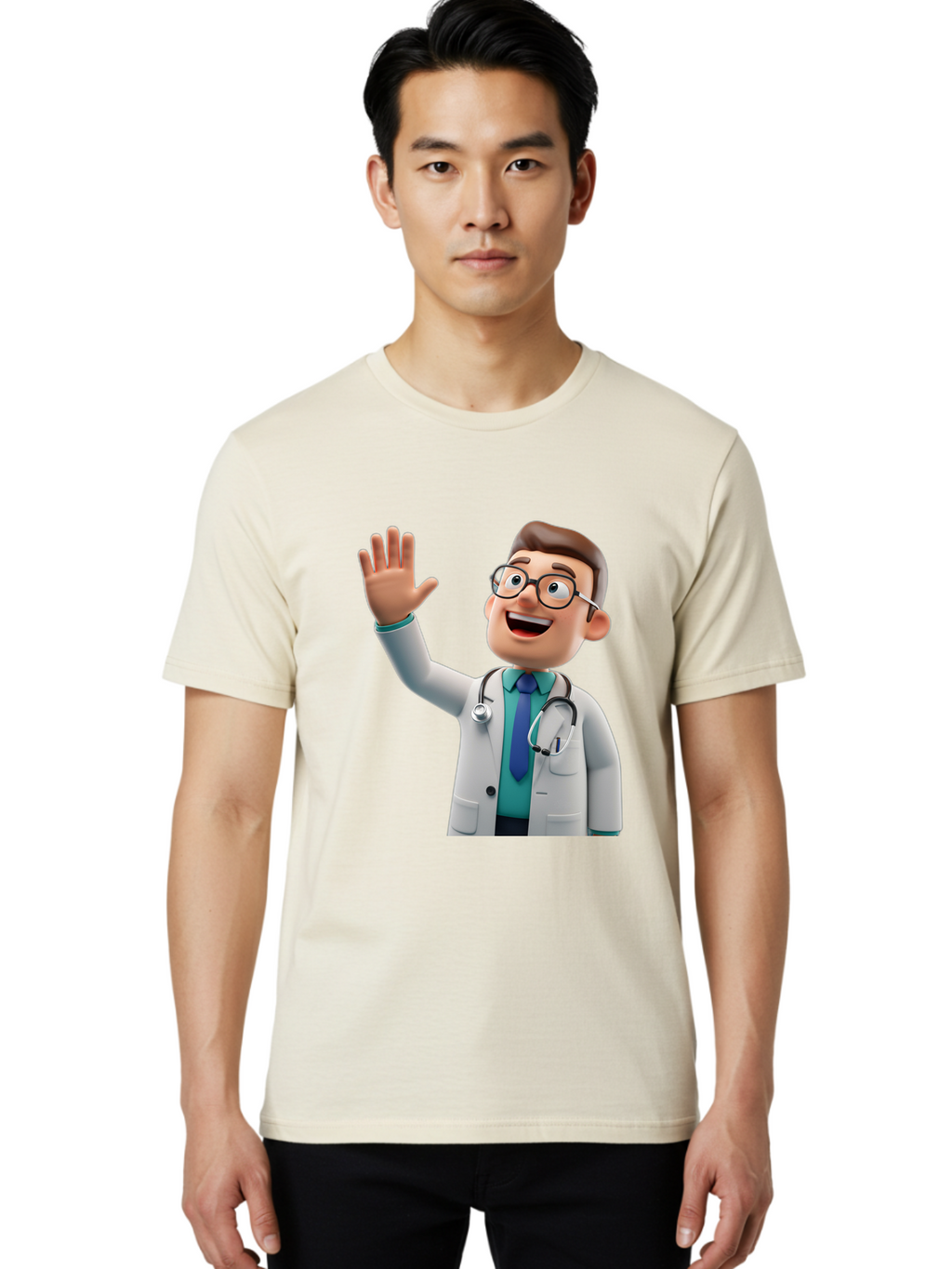 Doctor-Waving-1 Men'S Graphic Tee, 100% Cotton, Comfortable Casual Summer Wear, Machine Washable, Cartoon Doctor, Waving Hand, Friendly Gesture, Medical Professional, Stethoscope Around Neck, White Lab Coat, Blue Tie, Smiling Face, Baa484