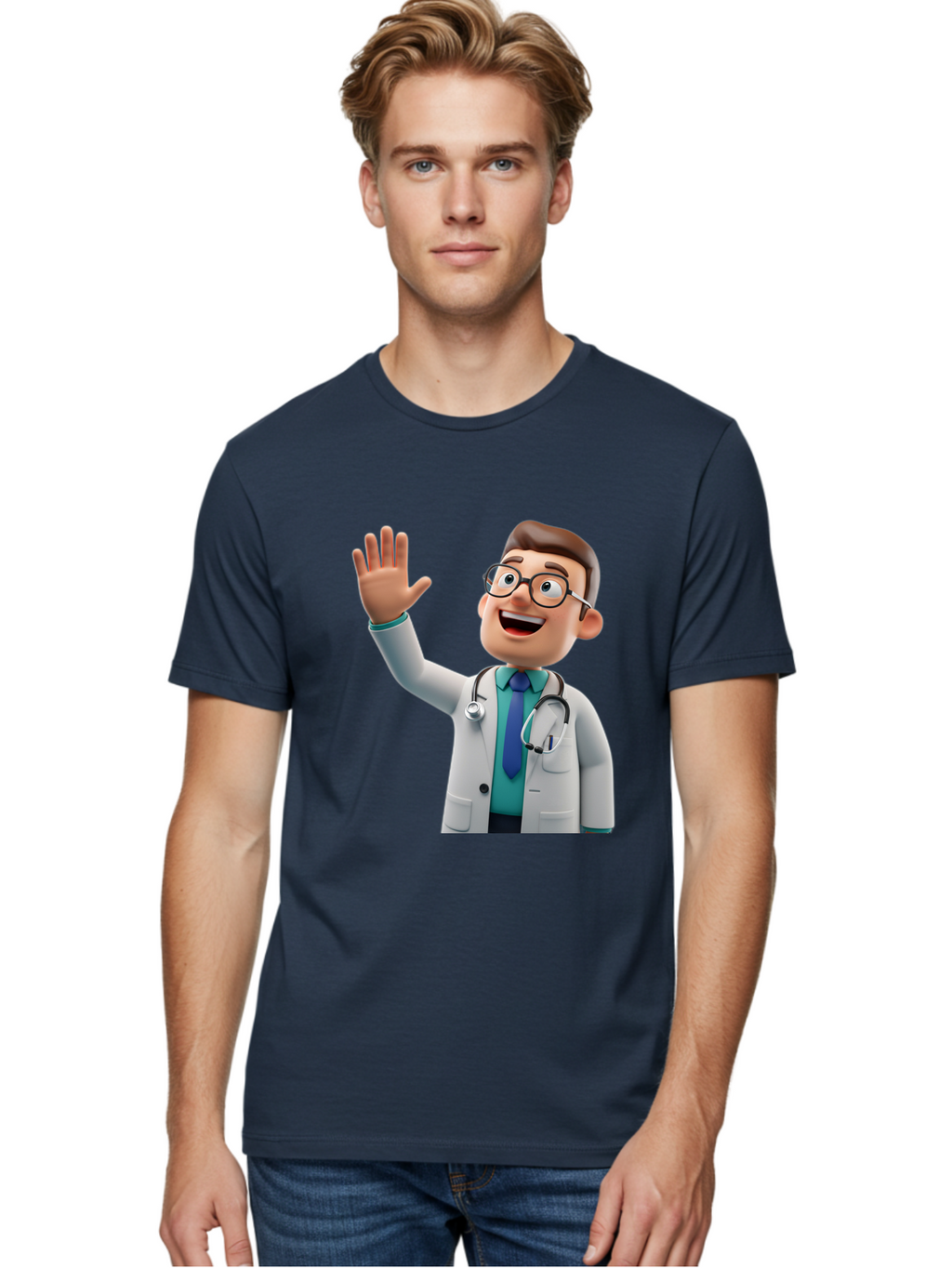 Doctor-Waving-1 Men'S Graphic Tee, 100% Cotton, Comfortable Casual Summer Wear, Machine Washable, Cartoon Doctor, Waving Hand, Friendly Gesture, Medical Professional, Stethoscope Around Neck, White Lab Coat, Blue Tie, Smiling Face, Baa484