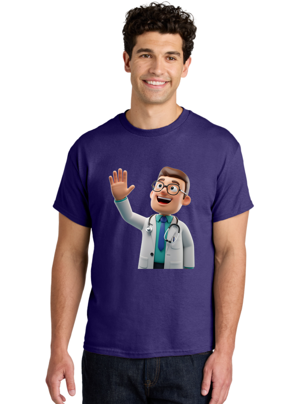 Doctor-Waving-1 Men'S Graphic Tee, 100% Cotton, Comfortable Casual Summer Wear, Machine Washable, Cartoon Doctor, Waving Hand, Friendly Gesture, Medical Professional, Stethoscope Around Neck, White Lab Coat, Blue Tie, Smiling Face, Baa484
