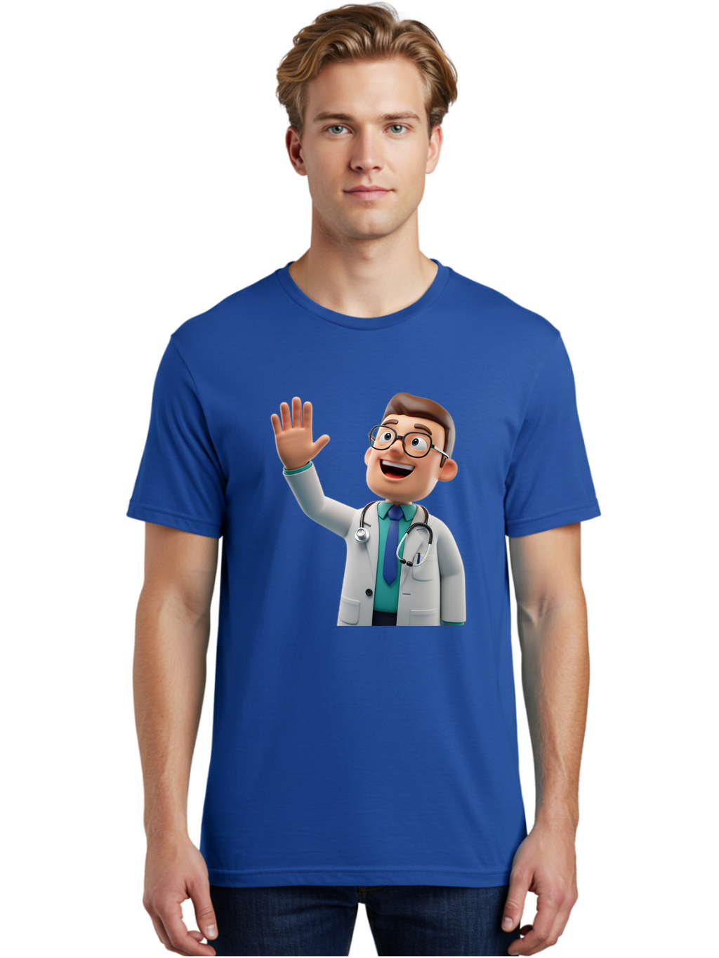 Doctor-Waving-1 Men'S Graphic Tee, 100% Cotton, Comfortable Casual Summer Wear, Machine Washable, Cartoon Doctor, Waving Hand, Friendly Gesture, Medical Professional, Stethoscope Around Neck, White Lab Coat, Blue Tie, Smiling Face, Baa484