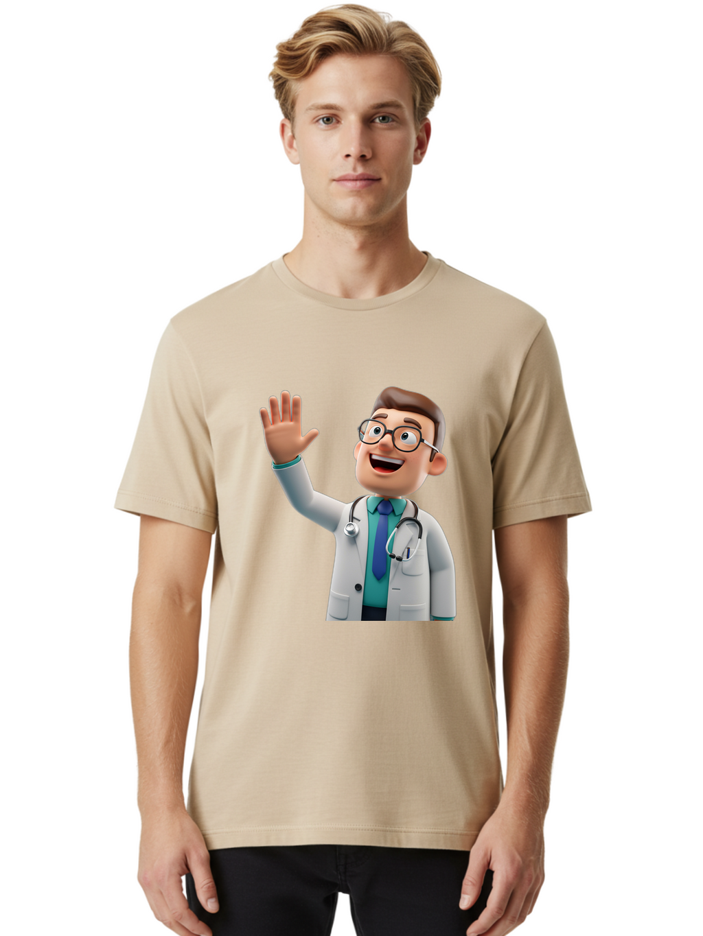 Doctor-Waving-1 Men'S Graphic Tee, 100% Cotton, Comfortable Casual Summer Wear, Machine Washable, Cartoon Doctor, Waving Hand, Friendly Gesture, Medical Professional, Stethoscope Around Neck, White Lab Coat, Blue Tie, Smiling Face, Baa484