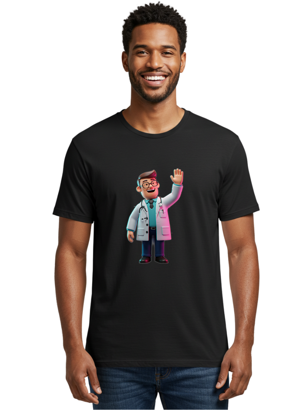 Doctor-Waving-2 Men'S Graphic Tee, 100% Cotton, Comfortable Casual Summer Wear, Machine Washable, Cartoon Doctor, 3D Illustration, Male Physician, Stethoscope Around Neck, White Lab Coat, Friendly Wave, Medical Professional, Healthcare Worker, Baa485