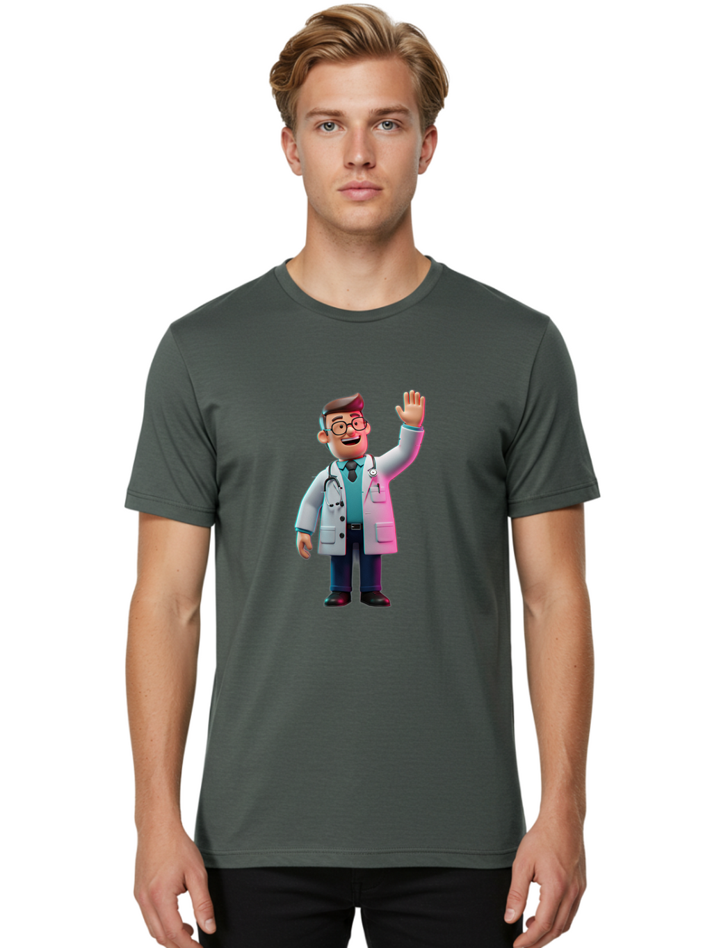 Doctor-Waving-2 Men'S Graphic Tee, 100% Cotton, Comfortable Casual Summer Wear, Machine Washable, Cartoon Doctor, 3D Illustration, Male Physician, Stethoscope Around Neck, White Lab Coat, Friendly Wave, Medical Professional, Healthcare Worker, Baa485
