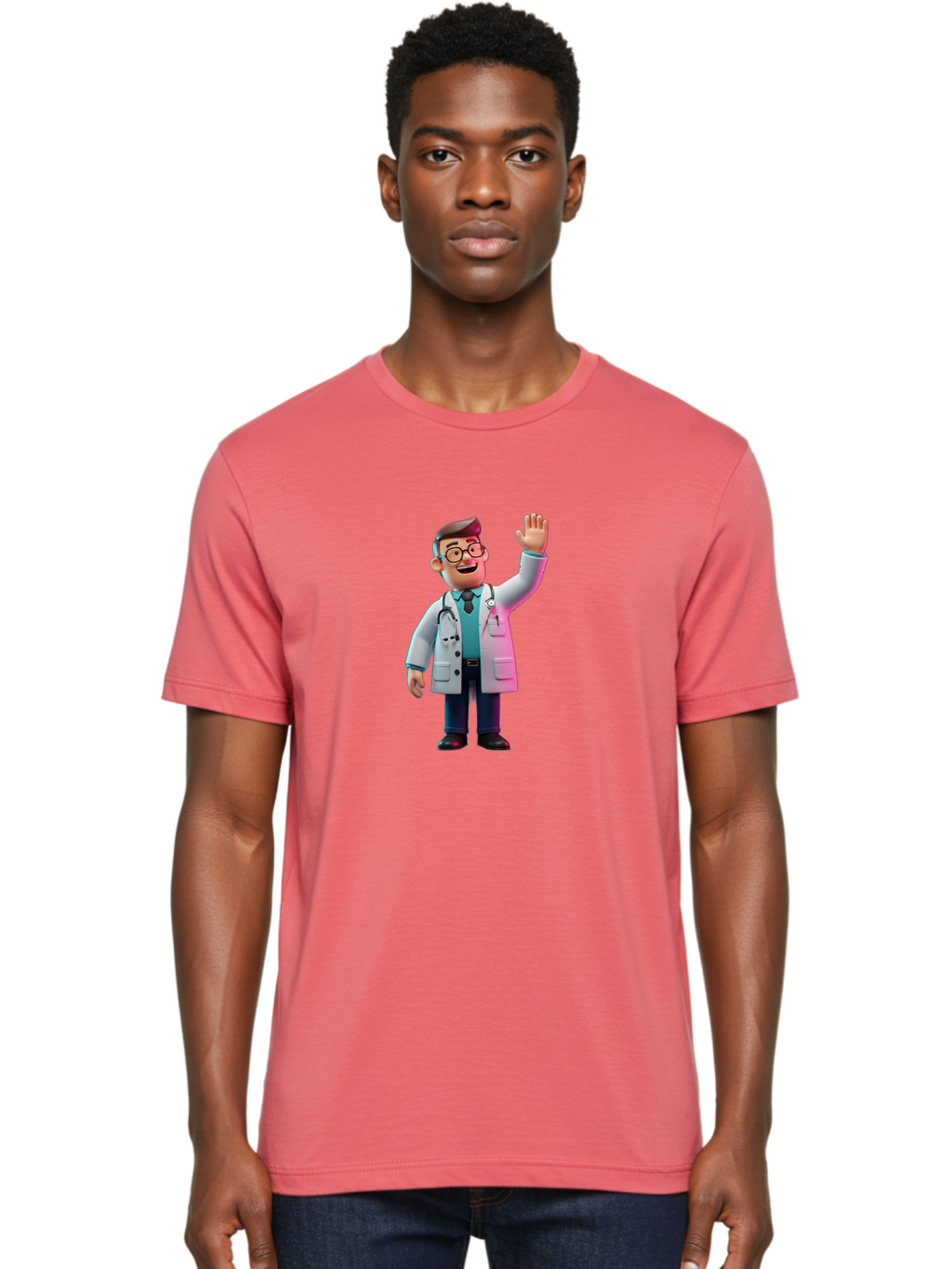 Doctor-Waving-2 Men'S Graphic Tee, 100% Cotton, Comfortable Casual Summer Wear, Machine Washable, Cartoon Doctor, 3D Illustration, Male Physician, Stethoscope Around Neck, White Lab Coat, Friendly Wave, Medical Professional, Healthcare Worker, Baa485