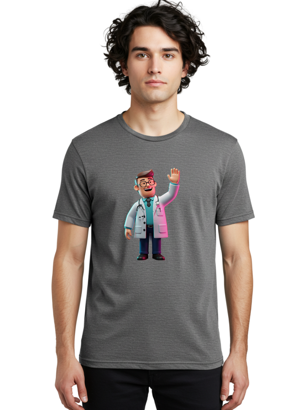 Doctor-Waving-2 Men'S Graphic Tee, 100% Cotton, Comfortable Casual Summer Wear, Machine Washable, Cartoon Doctor, 3D Illustration, Male Physician, Stethoscope Around Neck, White Lab Coat, Friendly Wave, Medical Professional, Healthcare Worker, Baa485