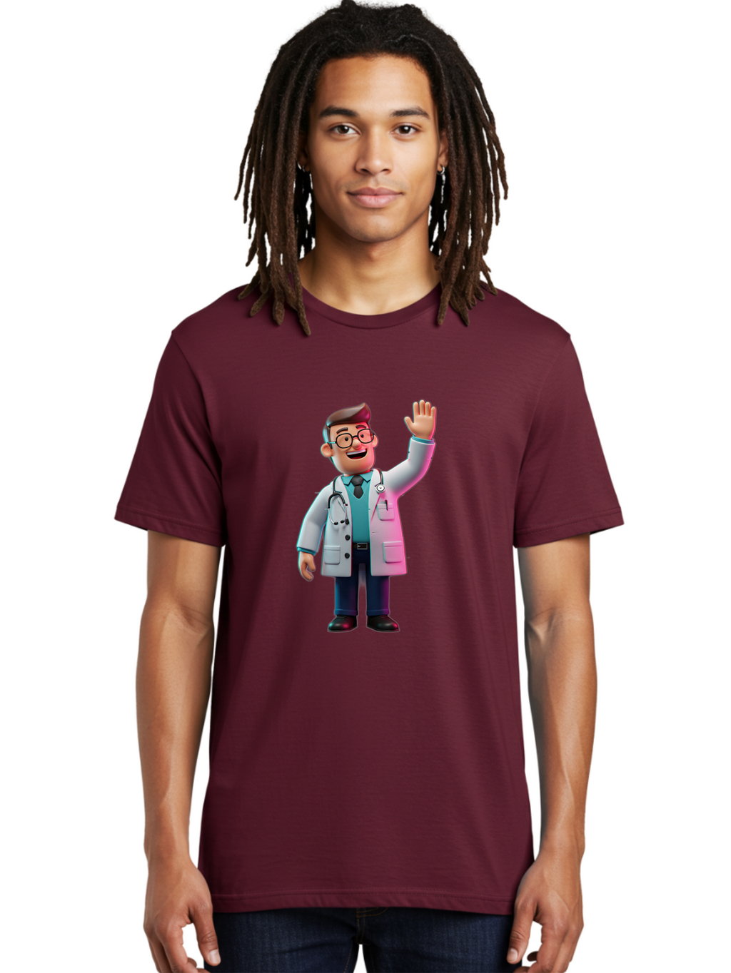 Doctor-Waving-2 Men'S Graphic Tee, 100% Cotton, Comfortable Casual Summer Wear, Machine Washable, Cartoon Doctor, 3D Illustration, Male Physician, Stethoscope Around Neck, White Lab Coat, Friendly Wave, Medical Professional, Healthcare Worker, Baa485