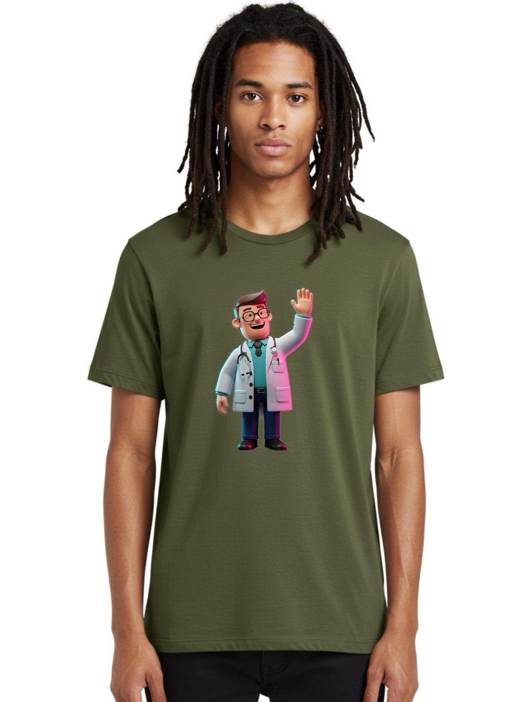 Doctor-Waving-2 Men'S Graphic Tee, 100% Cotton, Comfortable Casual Summer Wear, Machine Washable, Cartoon Doctor, 3D Illustration, Male Physician, Stethoscope Around Neck, White Lab Coat, Friendly Wave, Medical Professional, Healthcare Worker, Baa485