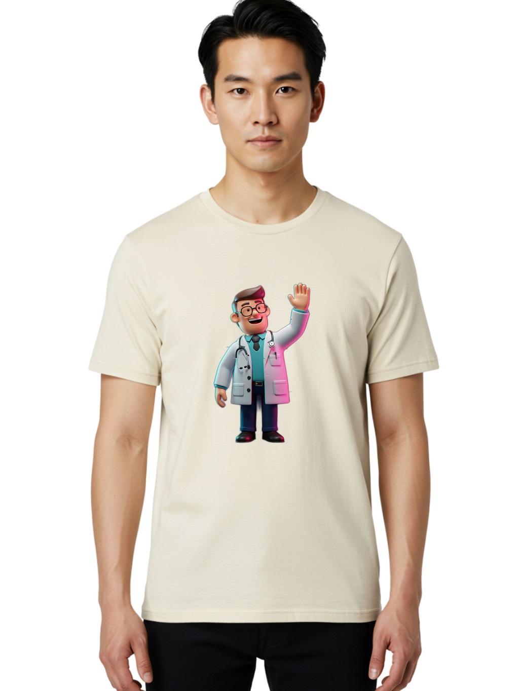 Doctor-Waving-2 Men'S Graphic Tee, 100% Cotton, Comfortable Casual Summer Wear, Machine Washable, Cartoon Doctor, 3D Illustration, Male Physician, Stethoscope Around Neck, White Lab Coat, Friendly Wave, Medical Professional, Healthcare Worker, Baa485