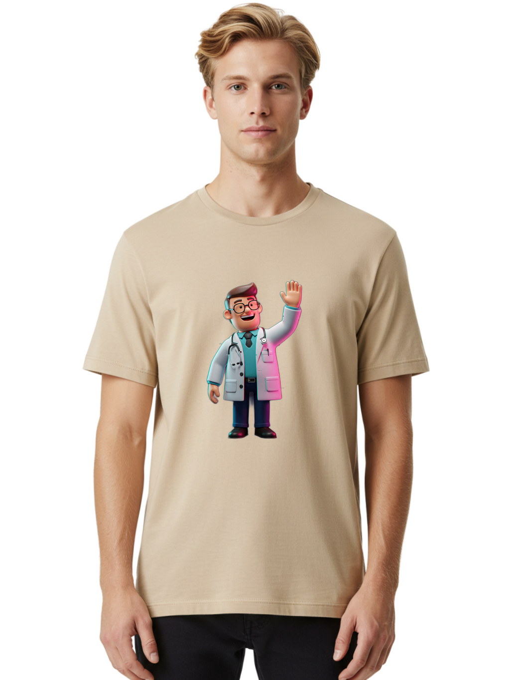 Doctor-Waving-2 Men'S Graphic Tee, 100% Cotton, Comfortable Casual Summer Wear, Machine Washable, Cartoon Doctor, 3D Illustration, Male Physician, Stethoscope Around Neck, White Lab Coat, Friendly Wave, Medical Professional, Healthcare Worker, Baa485