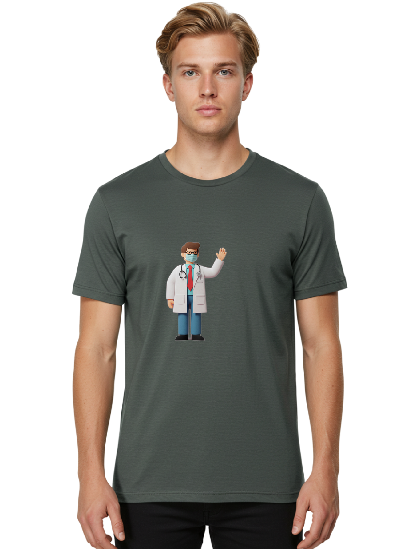 Doctor-Waving-3 Men'S Graphic Tee, 100% Cotton, Comfortable Casual Summer Wear, Machine Washable, Doctor Wearing A Mask, Waving Hand, Medical Professional, Healthcare Worker, Stethoscope Around Neck, Friendly Gesture, Cartoon Style, Baa486