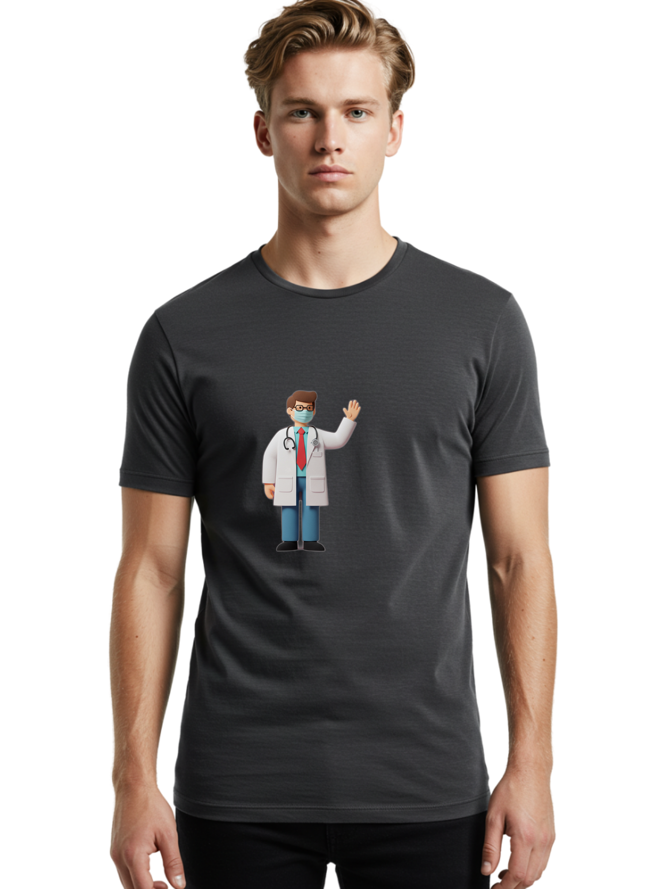 Doctor-Waving-3 Men'S Graphic Tee, 100% Cotton, Comfortable Casual Summer Wear, Machine Washable, Doctor Wearing A Mask, Waving Hand, Medical Professional, Healthcare Worker, Stethoscope Around Neck, Friendly Gesture, Cartoon Style, Baa486