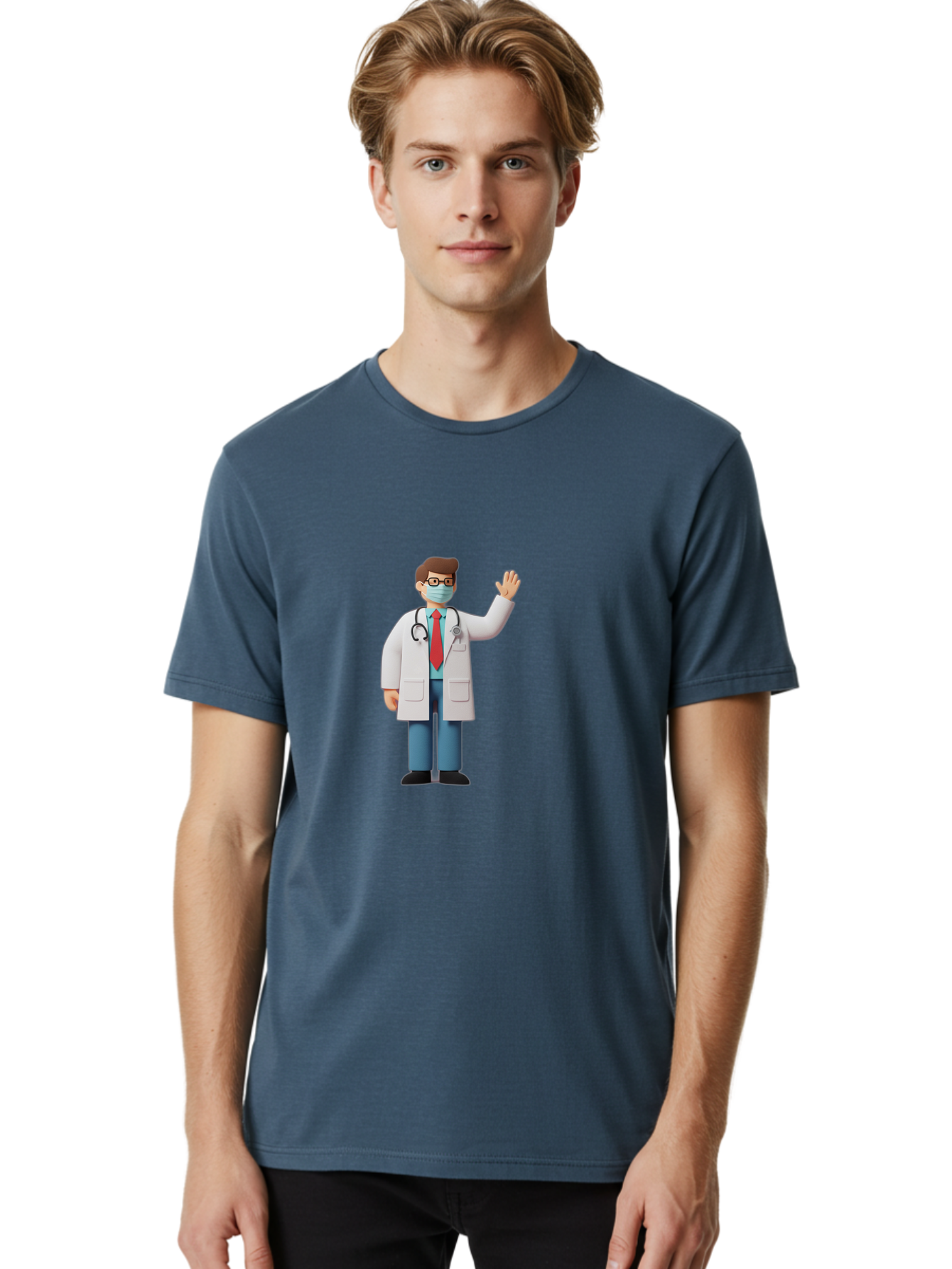 Doctor-Waving-3 Men'S Graphic Tee, 100% Cotton, Comfortable Casual Summer Wear, Machine Washable, Doctor Wearing A Mask, Waving Hand, Medical Professional, Healthcare Worker, Stethoscope Around Neck, Friendly Gesture, Cartoon Style, Baa486