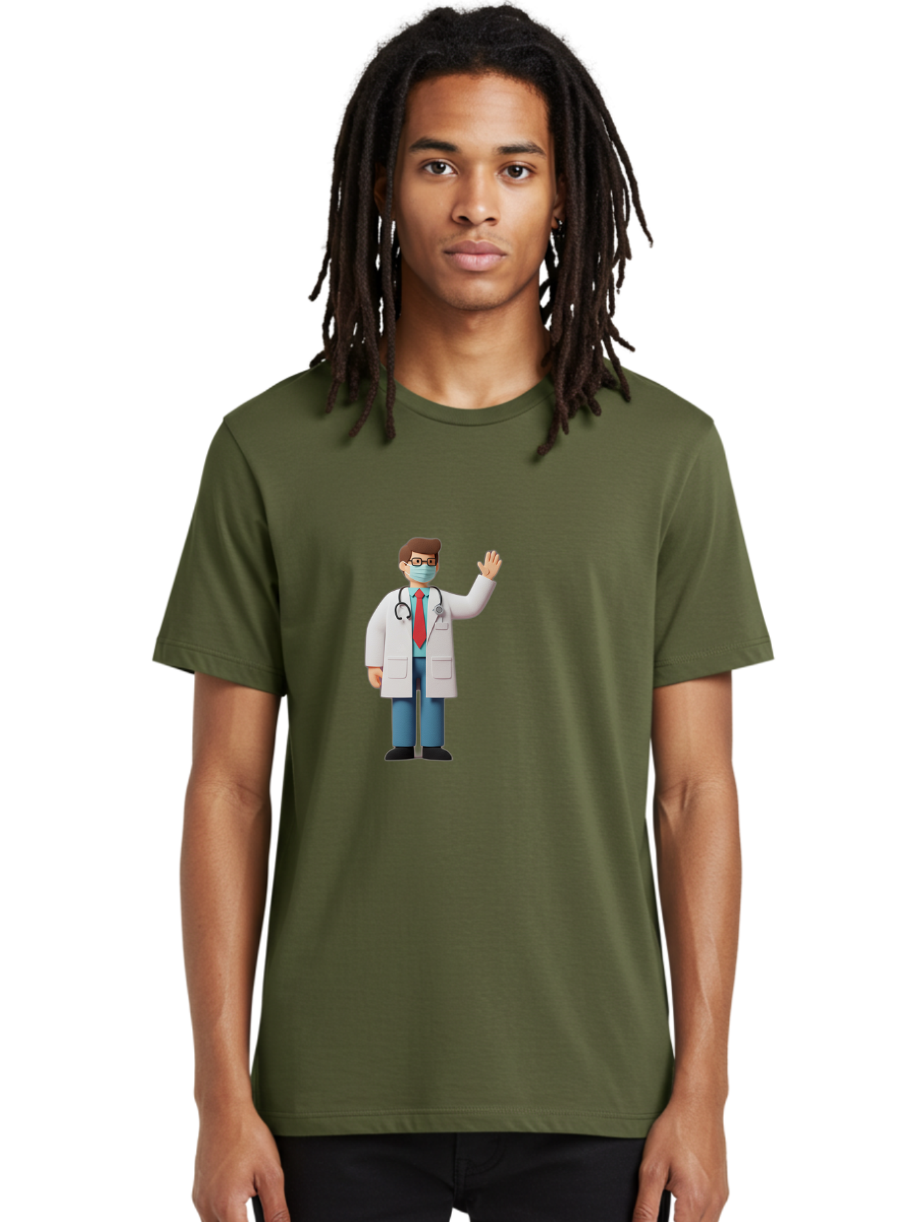 Doctor-Waving-3 Men'S Graphic Tee, 100% Cotton, Comfortable Casual Summer Wear, Machine Washable, Doctor Wearing A Mask, Waving Hand, Medical Professional, Healthcare Worker, Stethoscope Around Neck, Friendly Gesture, Cartoon Style, Baa486