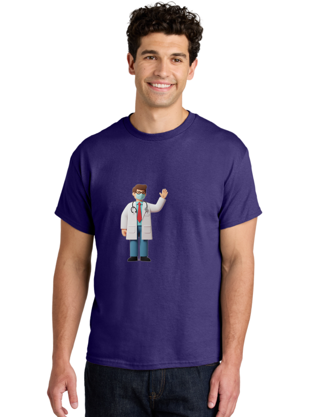 Doctor-Waving-3 Men'S Graphic Tee, 100% Cotton, Comfortable Casual Summer Wear, Machine Washable, Doctor Wearing A Mask, Waving Hand, Medical Professional, Healthcare Worker, Stethoscope Around Neck, Friendly Gesture, Cartoon Style, Baa486