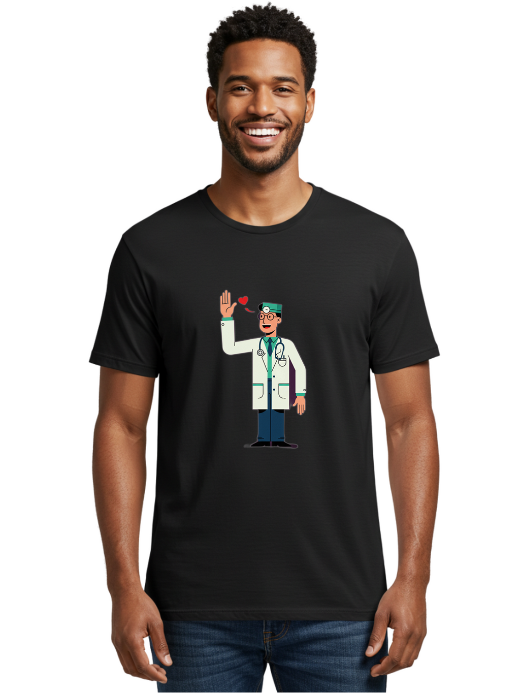 Doctor-Waving-4 Men'S Graphic Tee, 100% Cotton, Comfortable Casual Summer Wear, Machine Washable, Cartoon Doctor, Medical Professional, Friendly Doctor, Stethoscope Around Neck, Waving Hand, Heart Symbol, Welcoming Gesture, Medical Care, Baa487