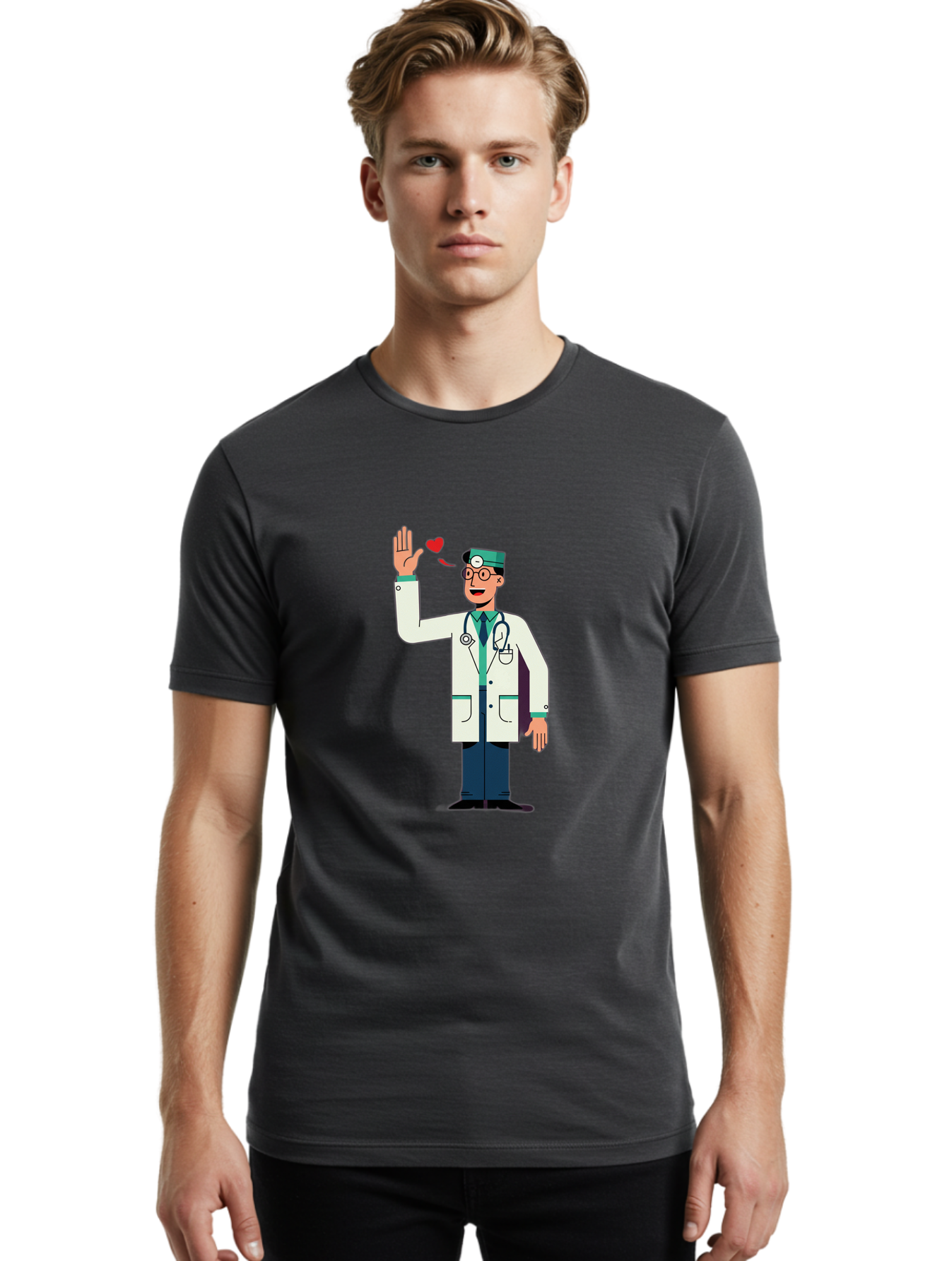 Doctor-Waving-4 Men'S Graphic Tee, 100% Cotton, Comfortable Casual Summer Wear, Machine Washable, Cartoon Doctor, Medical Professional, Friendly Doctor, Stethoscope Around Neck, Waving Hand, Heart Symbol, Welcoming Gesture, Medical Care, Baa487