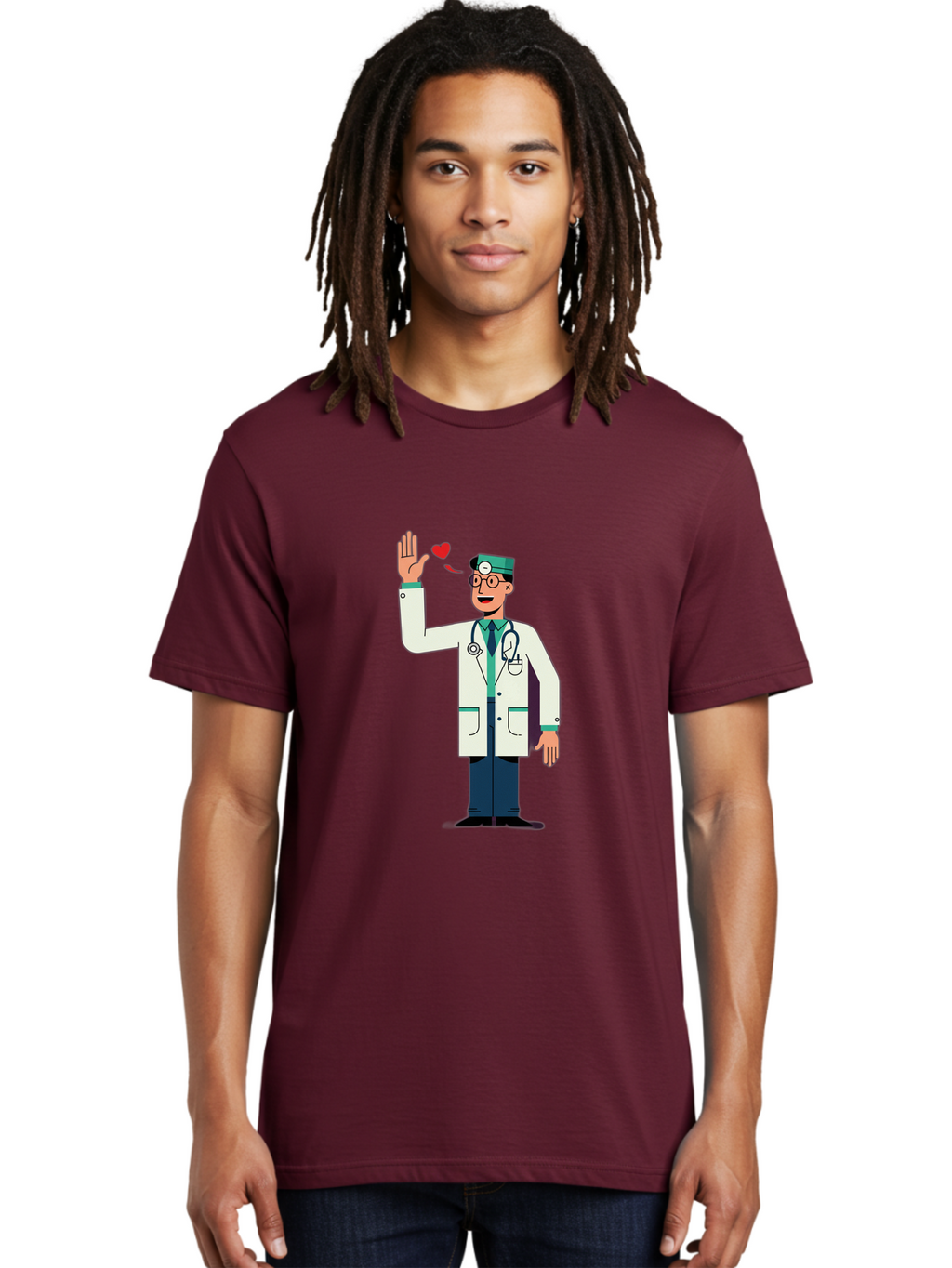 Doctor-Waving-4 Men'S Graphic Tee, 100% Cotton, Comfortable Casual Summer Wear, Machine Washable, Cartoon Doctor, Medical Professional, Friendly Doctor, Stethoscope Around Neck, Waving Hand, Heart Symbol, Welcoming Gesture, Medical Care, Baa487