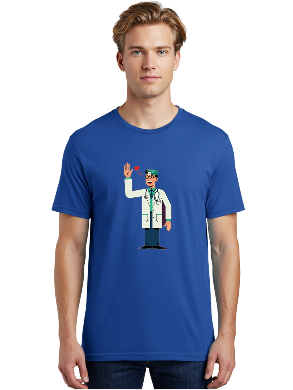 Doctor-Waving-4 Men'S Graphic Tee, 100% Cotton, Comfortable Casual Summer Wear, Machine Washable, Cartoon Doctor, Medical Professional, Friendly Doctor, Stethoscope Around Neck, Waving Hand, Heart Symbol, Welcoming Gesture, Medical Care, Baa487