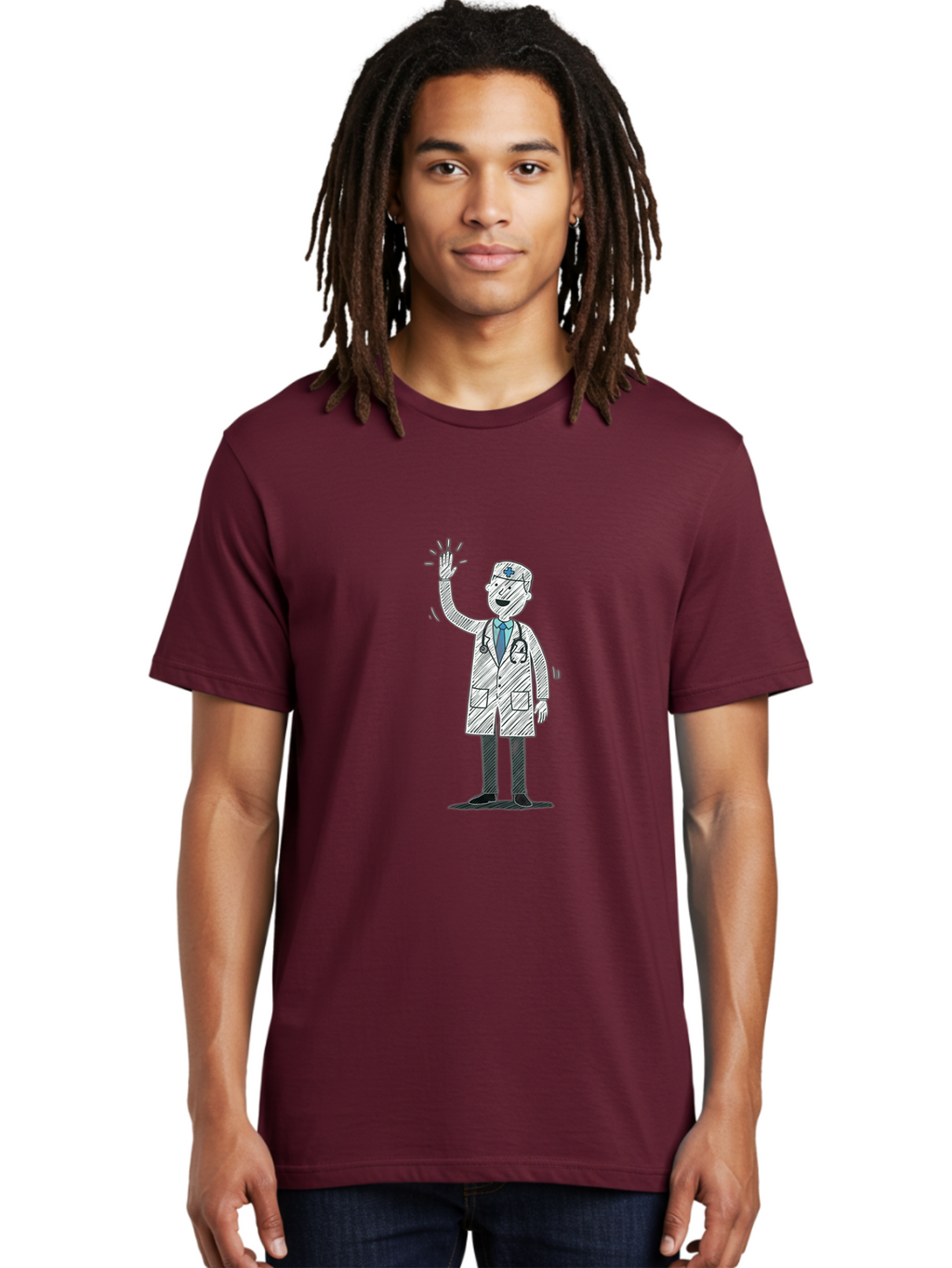 Doctor-Waving Men'S Graphic Tee, 100% Cotton, Comfortable Casual Summer Wear, Machine Washable, Doctor Waving, Medical Professional, Stethoscope, Friendly Greeting, Healthcare Worker, Cartoon Illustration, Waving Hand Baa488