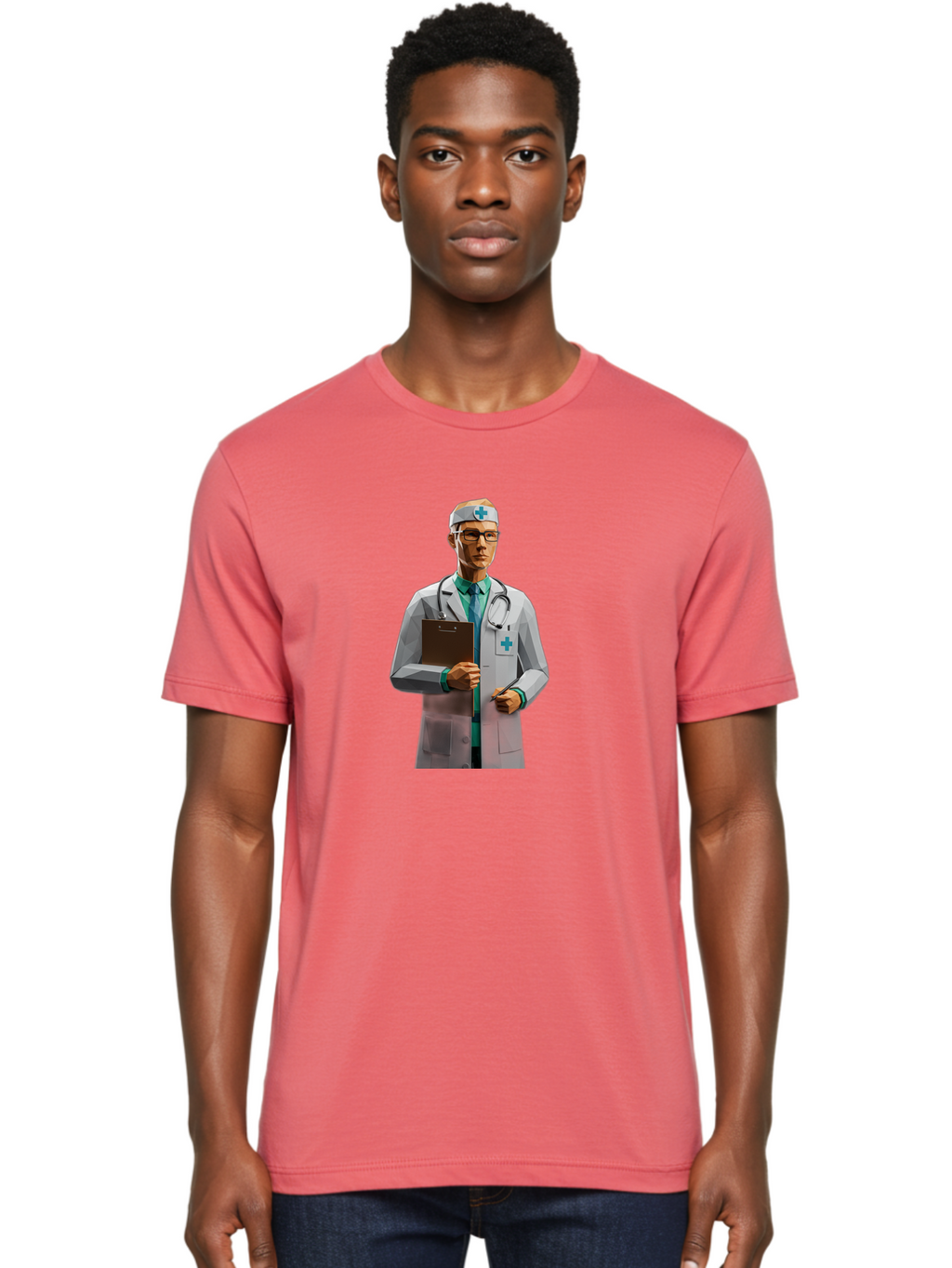 Doctor-With-Clipboard Men'S Graphic Tee, 100% Cotton, Comfortable Casual Summer Wear, Machine Washable, Male Doctor, White Lab Coat, Blue Cross, Stethoscope, Clipboard, Medical Professional, Healthcare Worker, Glasses, Serious Expression, Baa489