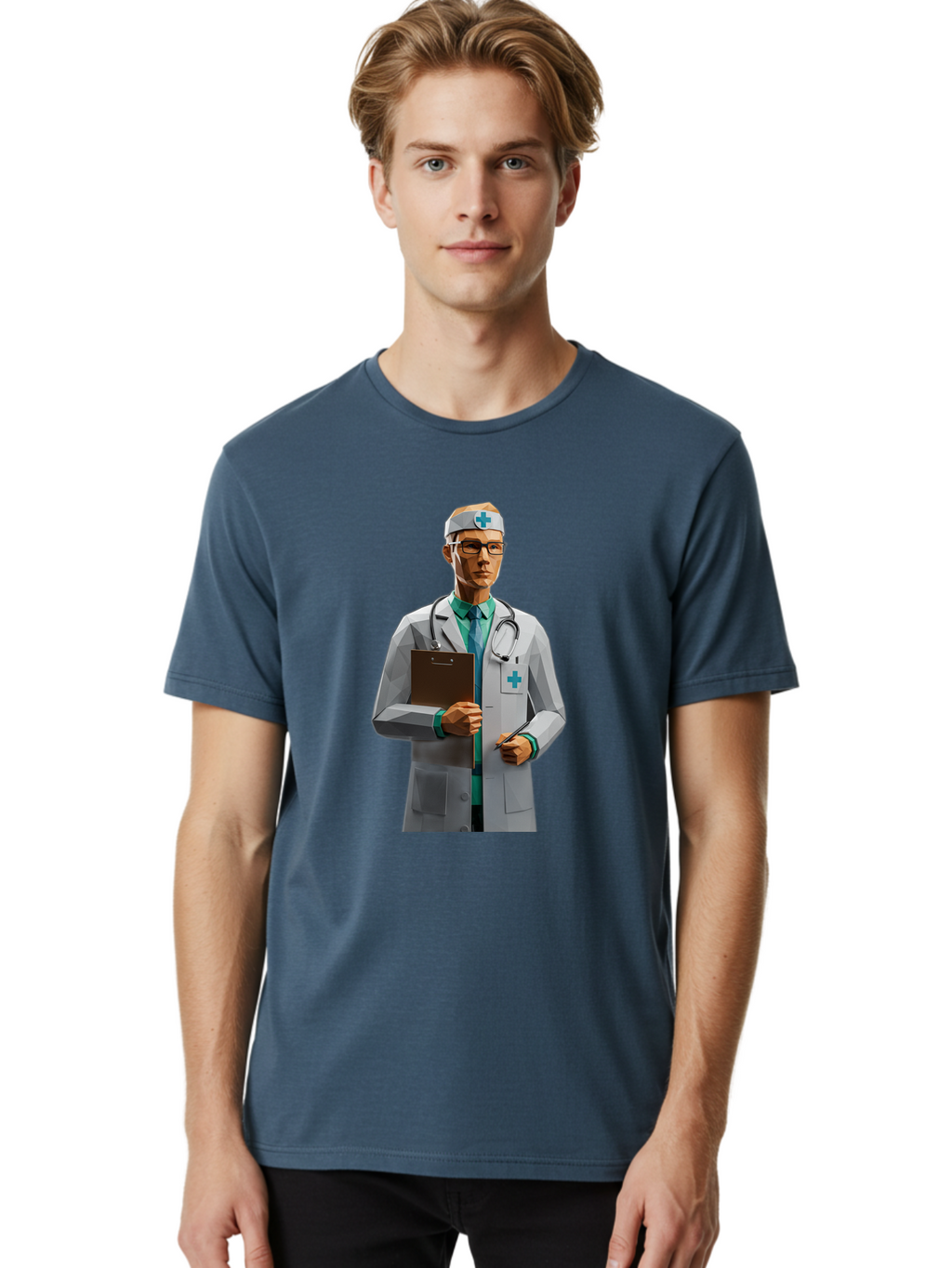 Doctor-With-Clipboard Men'S Graphic Tee, 100% Cotton, Comfortable Casual Summer Wear, Machine Washable, Male Doctor, White Lab Coat, Blue Cross, Stethoscope, Clipboard, Medical Professional, Healthcare Worker, Glasses, Serious Expression, Baa489
