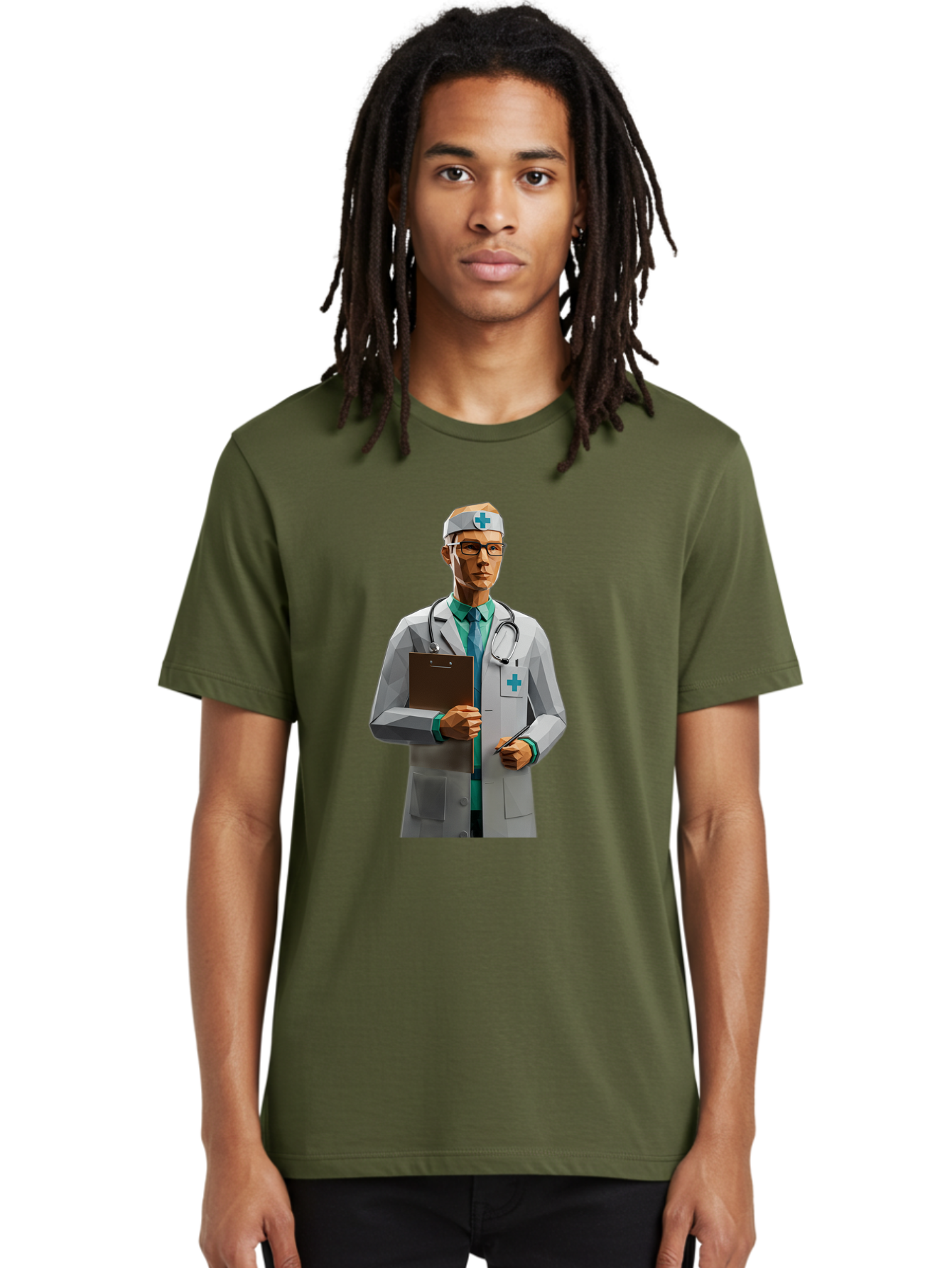 Doctor-With-Clipboard Men'S Graphic Tee, 100% Cotton, Comfortable Casual Summer Wear, Machine Washable, Male Doctor, White Lab Coat, Blue Cross, Stethoscope, Clipboard, Medical Professional, Healthcare Worker, Glasses, Serious Expression, Baa489