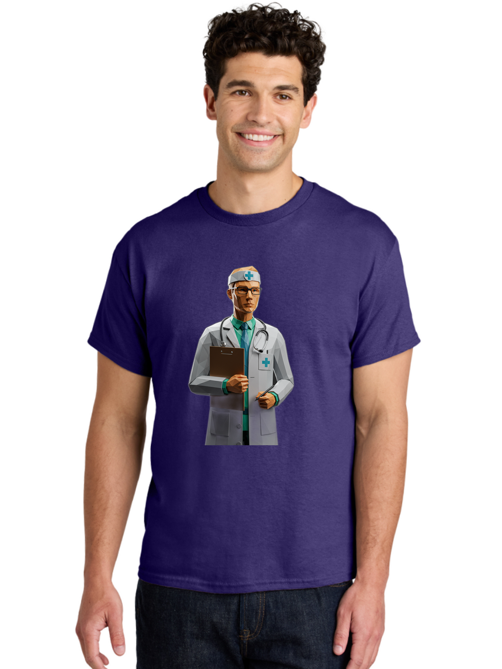 Doctor-With-Clipboard Men'S Graphic Tee, 100% Cotton, Comfortable Casual Summer Wear, Machine Washable, Male Doctor, White Lab Coat, Blue Cross, Stethoscope, Clipboard, Medical Professional, Healthcare Worker, Glasses, Serious Expression, Baa489