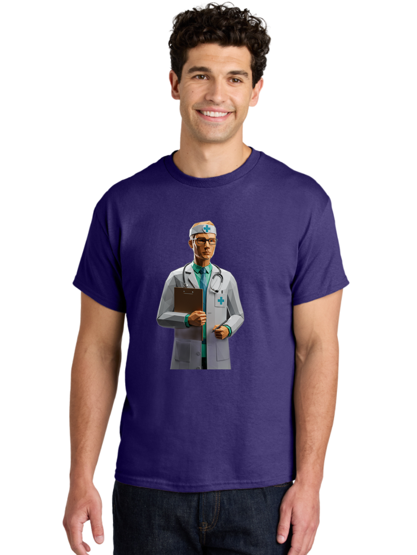 Doctor-With-Clipboard Men'S Graphic Tee, 100% Cotton, Comfortable Casual Summer Wear, Machine Washable, Male Doctor, White Lab Coat, Blue Cross, Stethoscope, Clipboard, Medical Professional, Healthcare Worker, Glasses, Serious Expression, Baa489