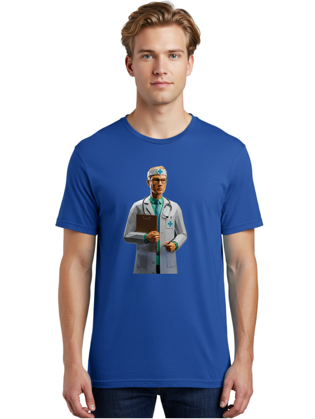 Doctor-With-Clipboard Men'S Graphic Tee, 100% Cotton, Comfortable Casual Summer Wear, Machine Washable, Male Doctor, White Lab Coat, Blue Cross, Stethoscope, Clipboard, Medical Professional, Healthcare Worker, Glasses, Serious Expression, Baa489