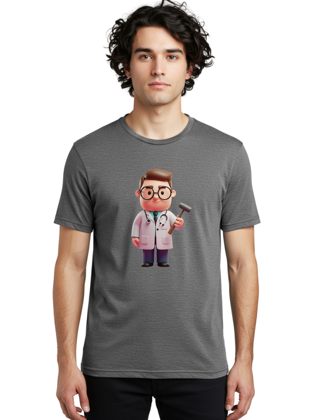 Doctor-With-Reflex-Hammer Men'S Graphic Tee, 100% Cotton, Comfortable Casual Summer Wear, Machine Washable, Cartoon Doctor, Reflex Hammer, Medical Professional, 3D Character, Healthcare, Medical Tools, Stethoscope, Medical Examination Baa490