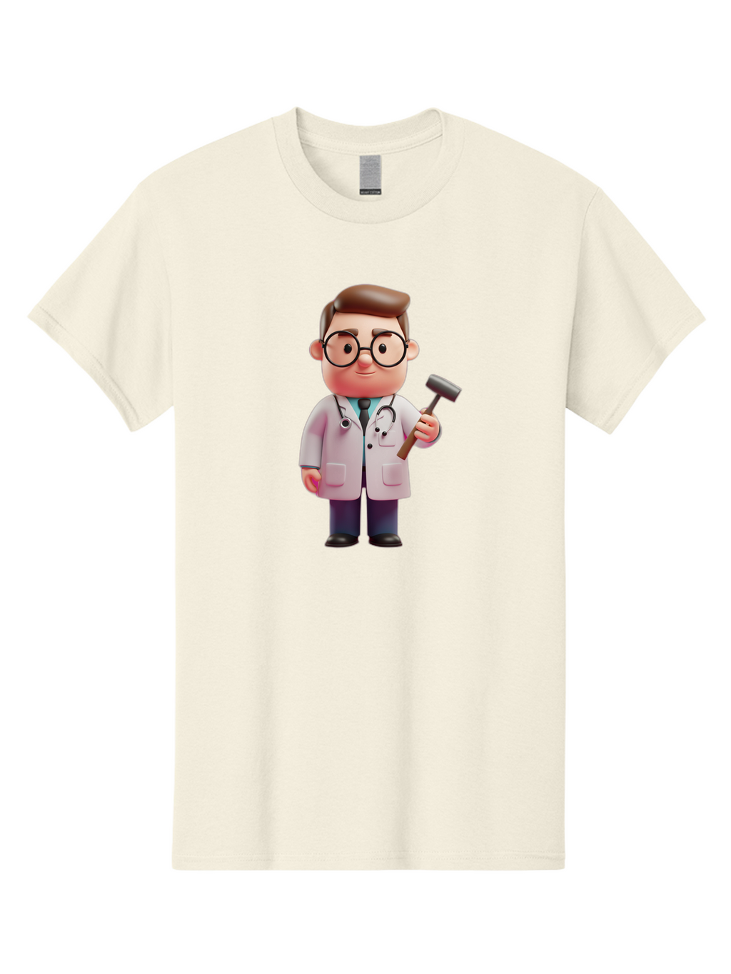 Doctor-With-Reflex-Hammer Men'S Graphic Tee, 100% Cotton, Comfortable Casual Summer Wear, Machine Washable, Cartoon Doctor, Reflex Hammer, Medical Professional, 3D Character, Healthcare, Medical Tools, Stethoscope, Medical Examination Baa490