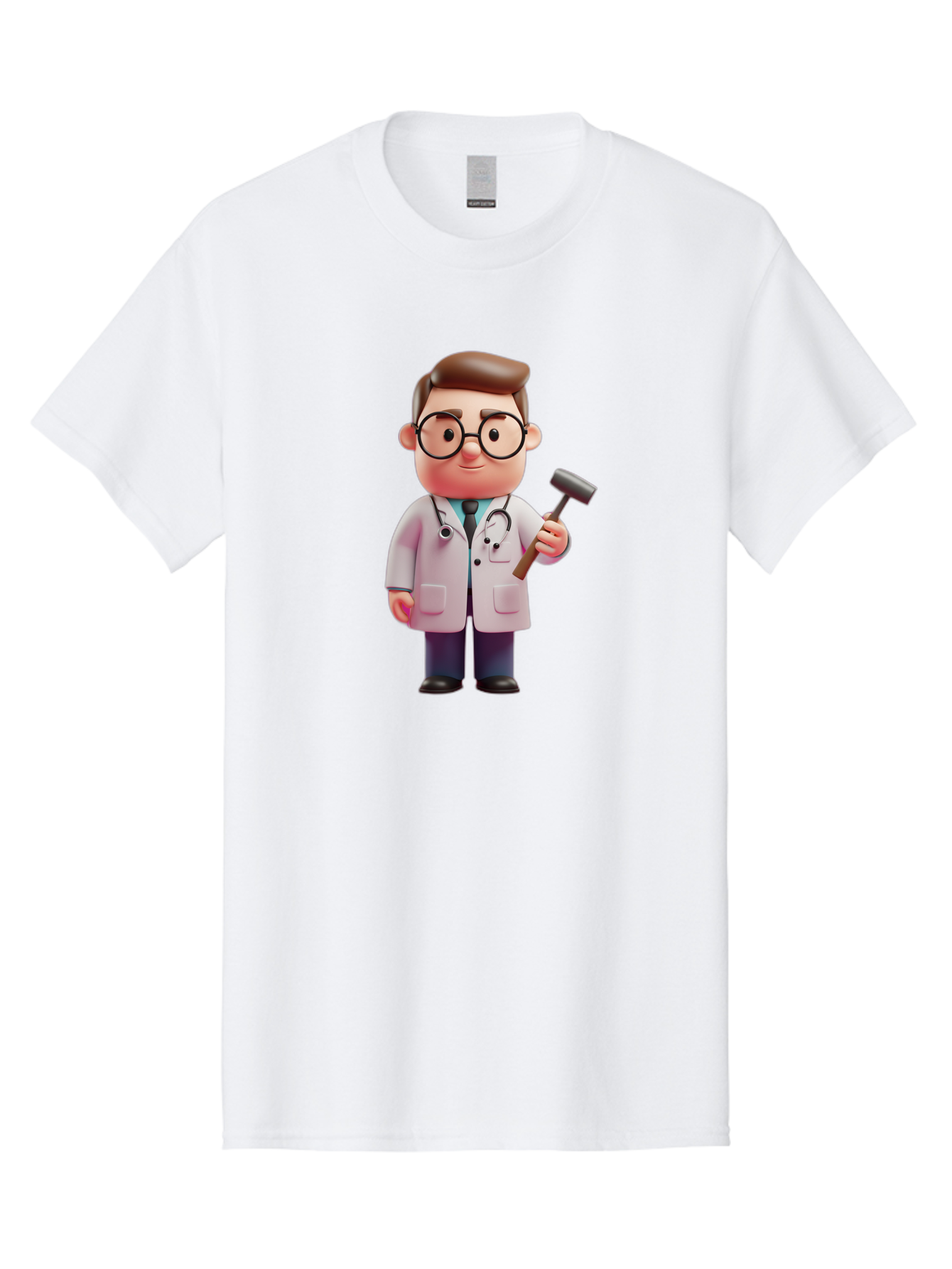 Doctor-With-Reflex-Hammer Men'S Graphic Tee, 100% Cotton, Comfortable Casual Summer Wear, Machine Washable, Cartoon Doctor, Reflex Hammer, Medical Professional, 3D Character, Healthcare, Medical Tools, Stethoscope, Medical Examination Baa490