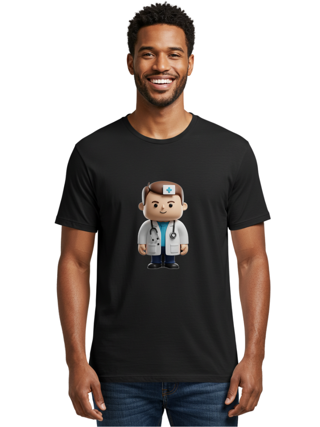 Doctor-With-Stethoscope Men'S Graphic Tee, 100% Cotton, Comfortable Casual Summer Wear, Machine Washable, Cartoon Doctor, Medical Professional, White Lab Coat, Stethoscope, Blue Cross, Healthcare Worker, Friendly Physician, Medical Symbol Baa491